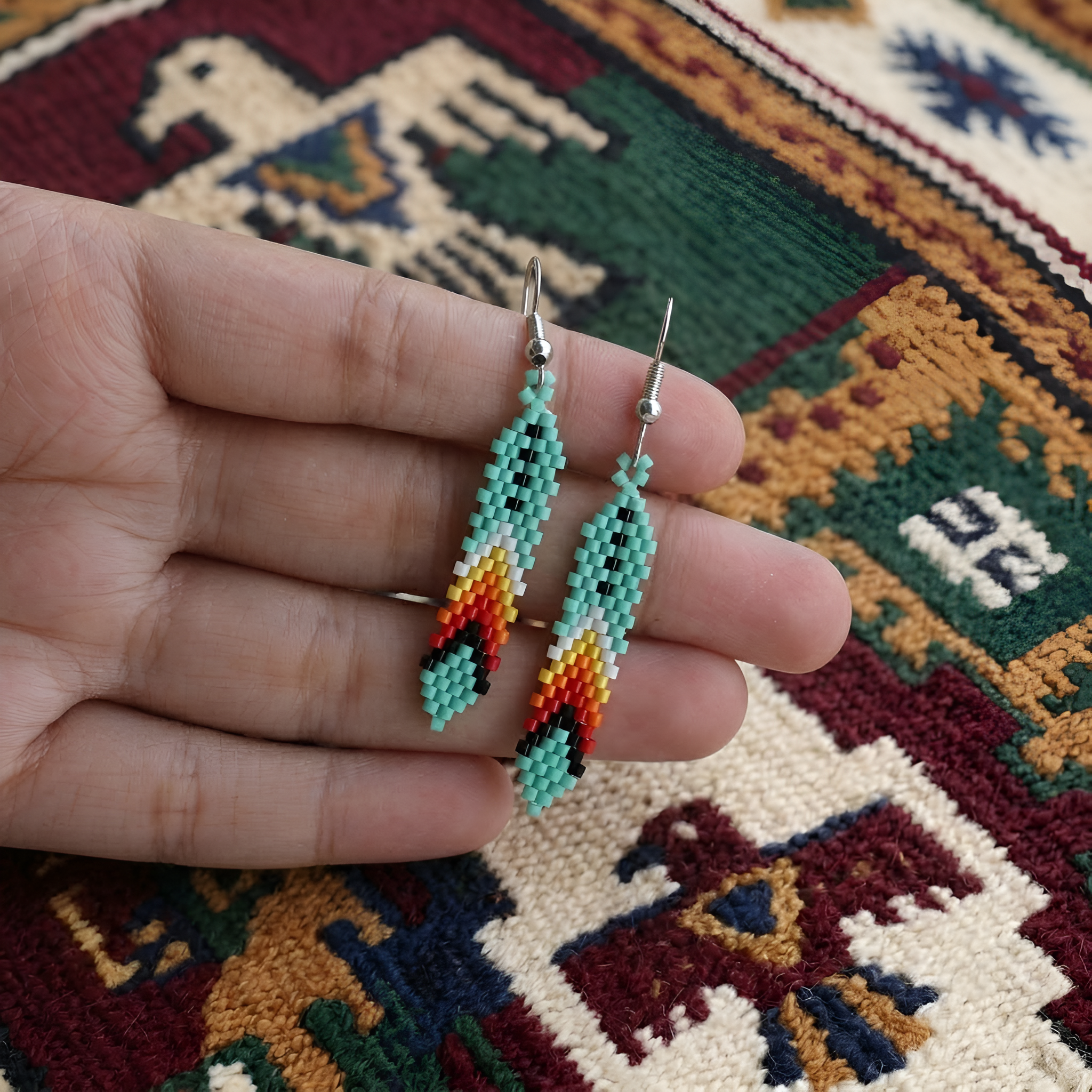 Native American Turquoise Beaded Feather Earrings – Handmade Seed Bead Jewelry