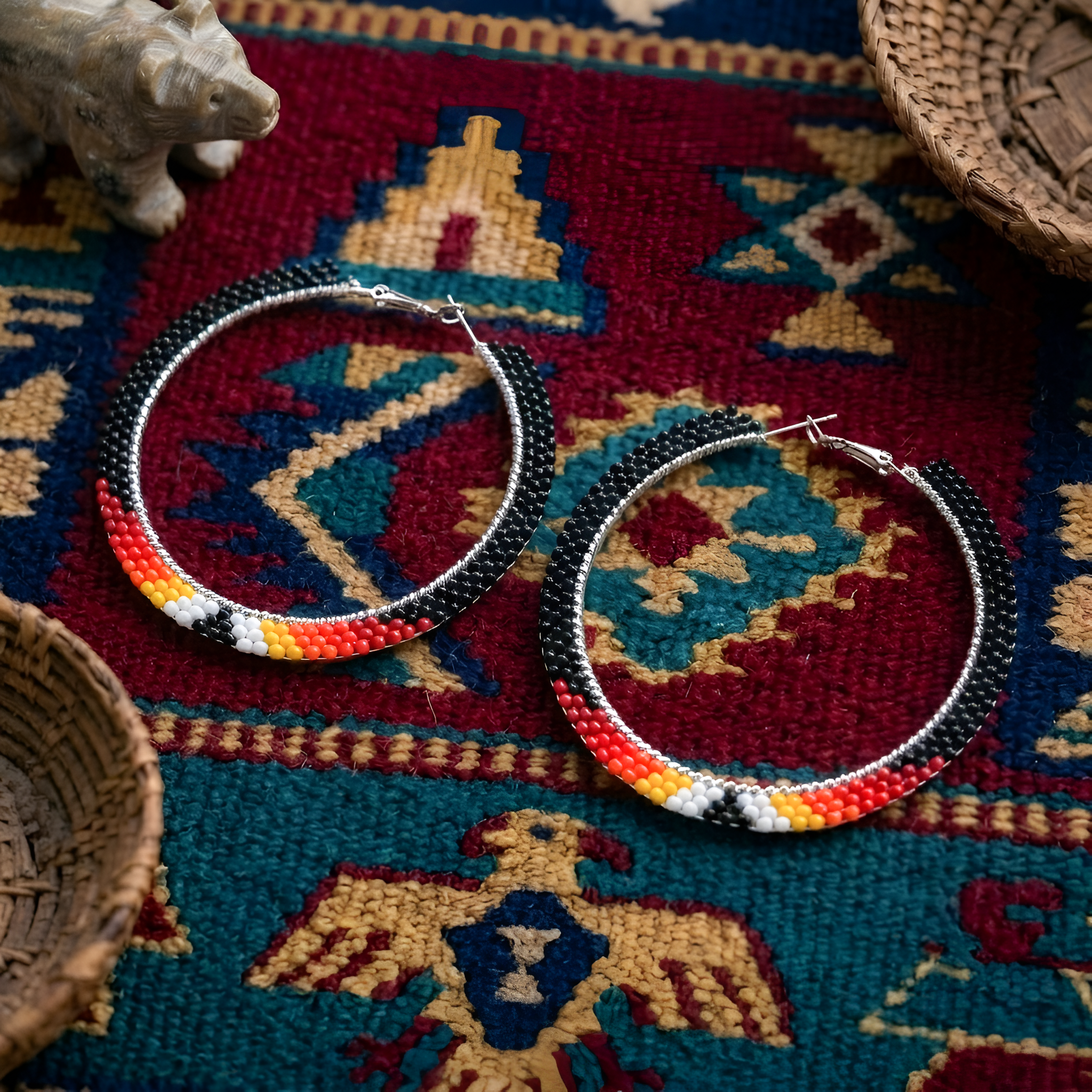 Native American Black Beaded Hoop Earrings – Red Yellow White Seed Bead Statement Jewelry
