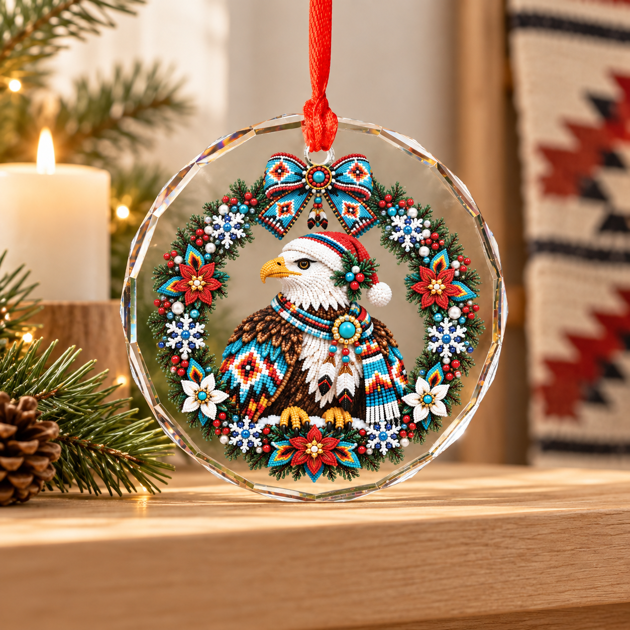 Native Beaded Eagle Santa Glass Ornament – Indigenous Art Decor