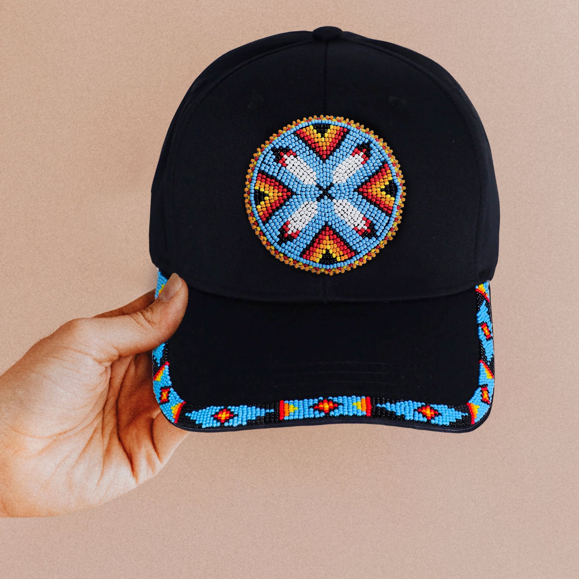 SALE 50% OFF - Cotton Unisex Baseball Cap With Beaded Patch Brim Native American Style