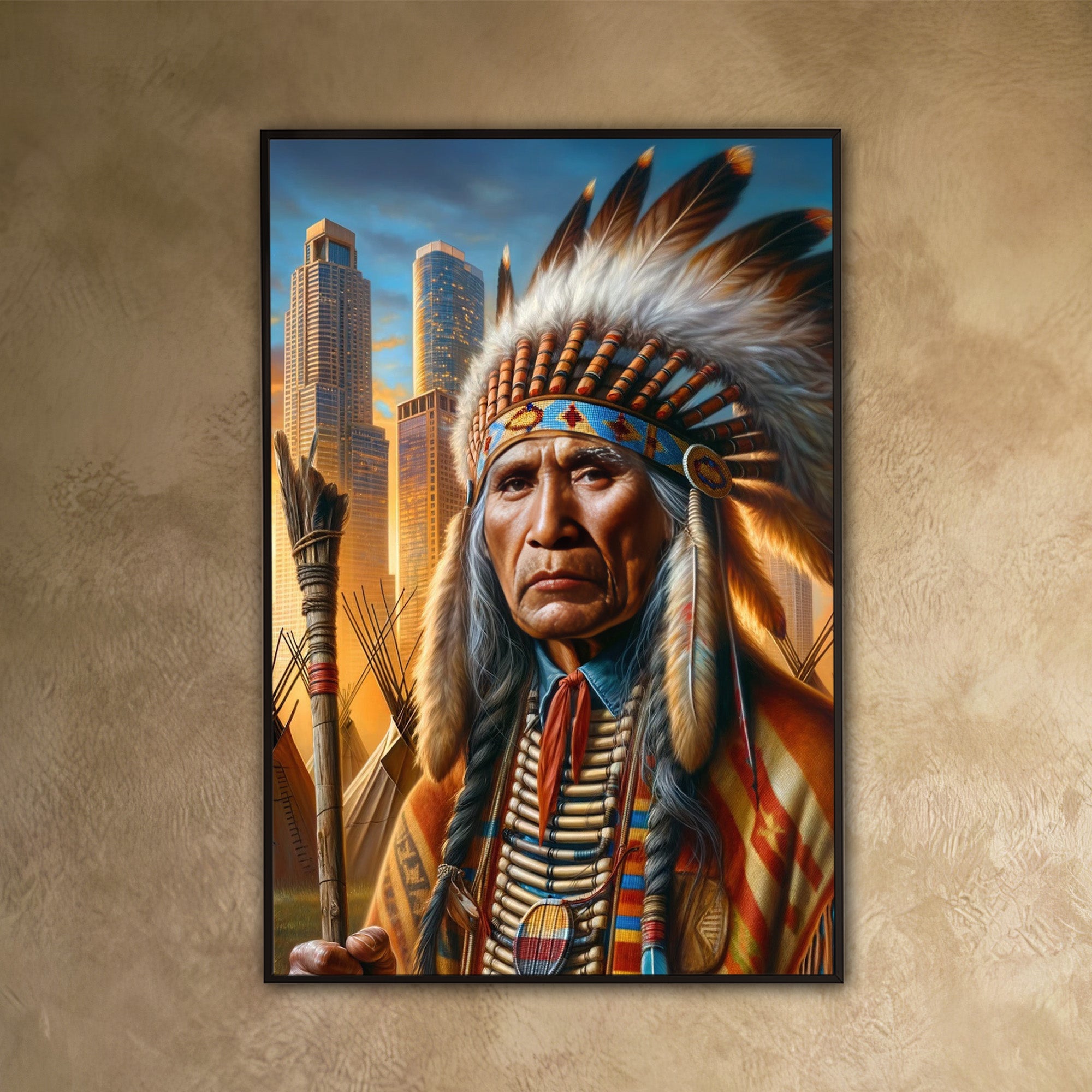 Custom Native American Chief Portrait Photo Canvas Art Gift Home Decor