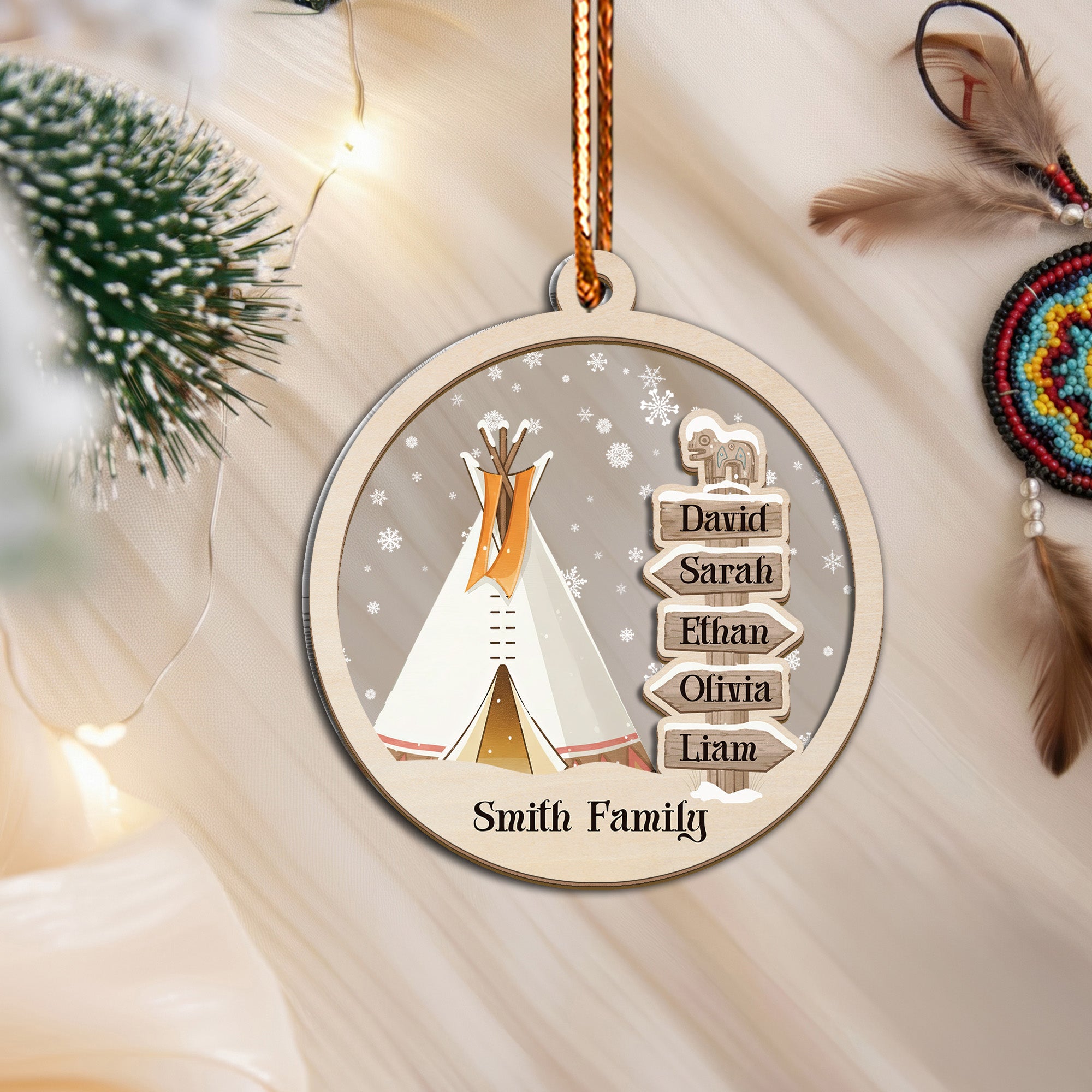 Native Teepee Family Ornament Unique Christmas Gift Decor Wood and Acrylic (Custom Name)