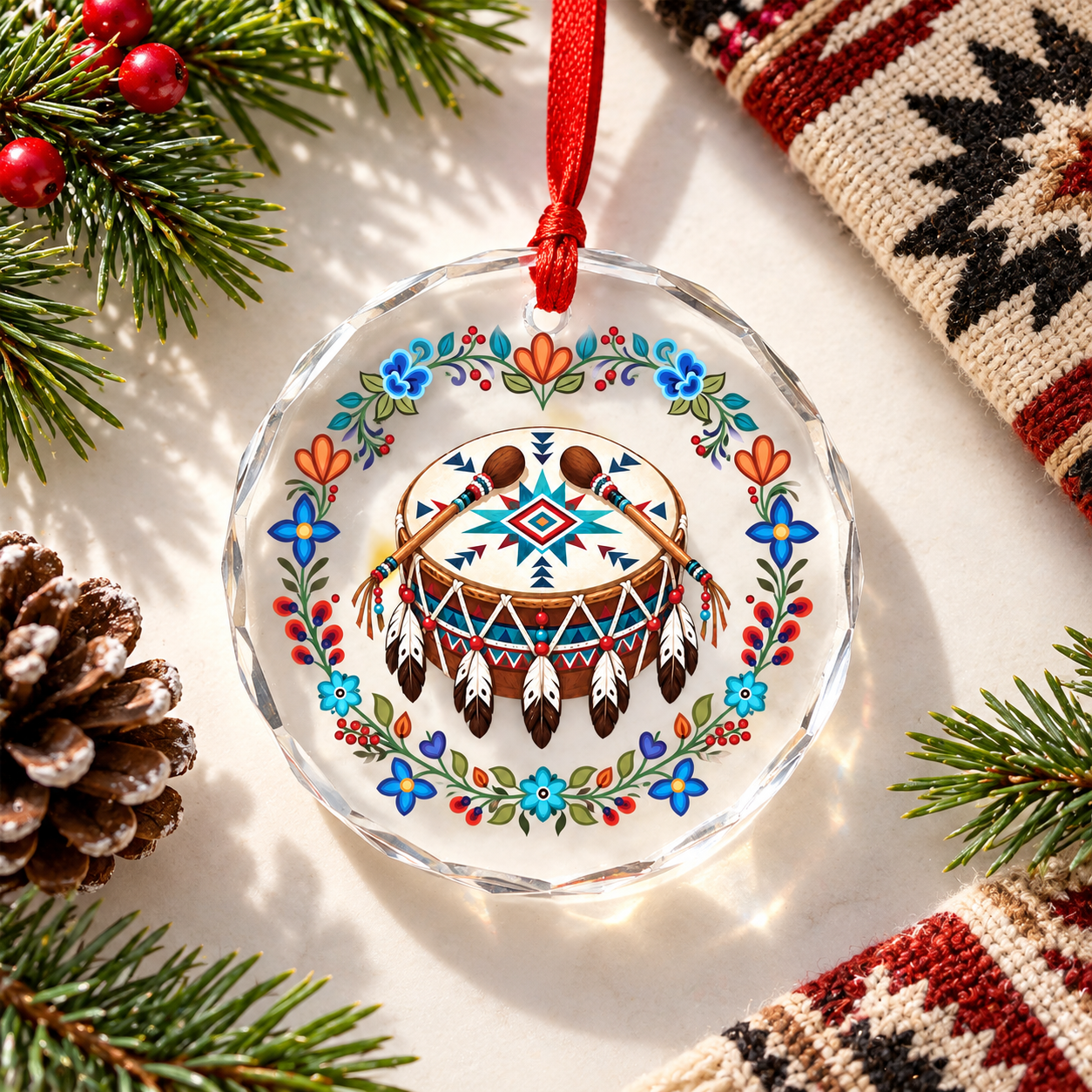 Native Floral Tribal Powwow Drum Glass Ornament – Indigenous Art Decor
