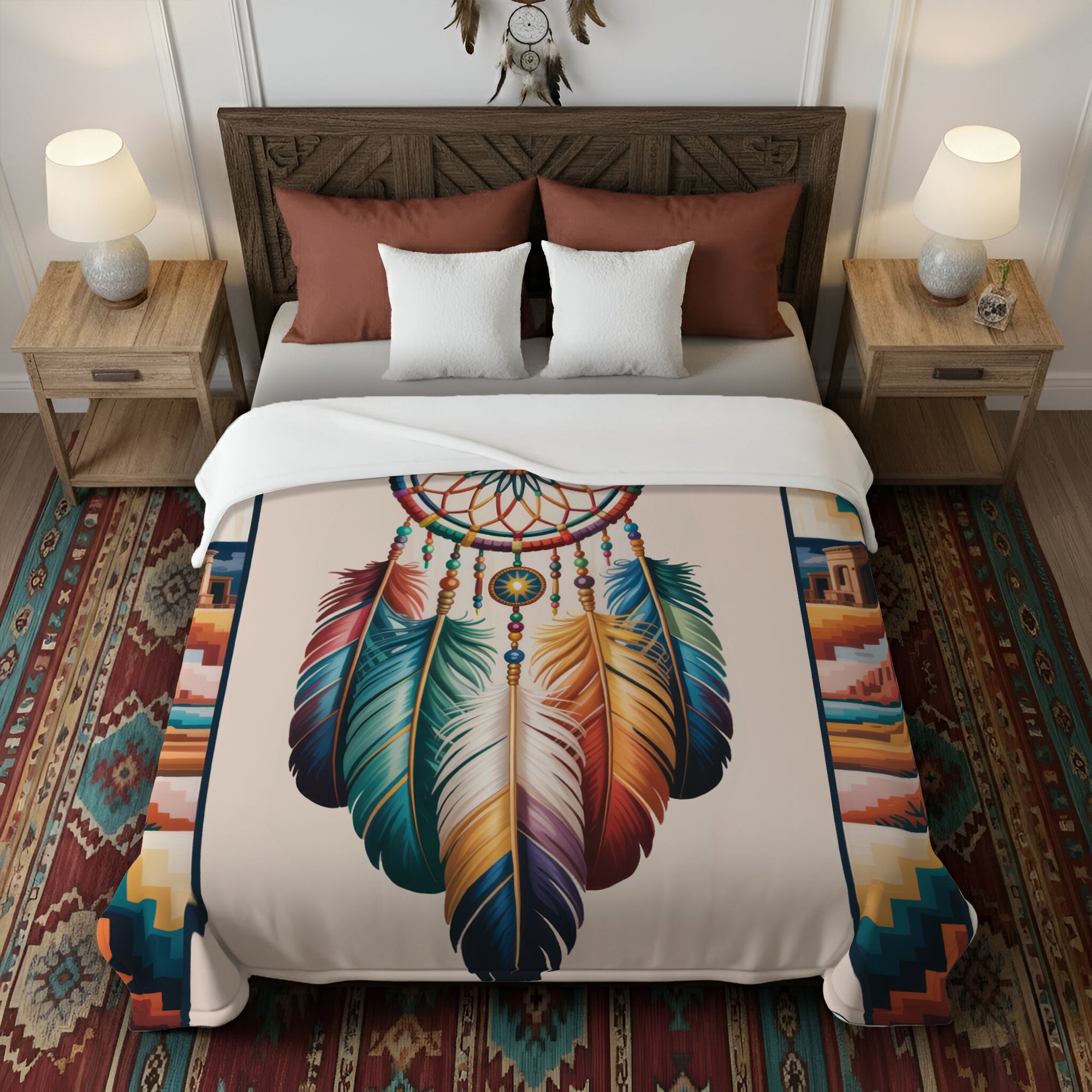 "The Dream Weaver" Boho Feather Native American Cozy Fleece Blanket
