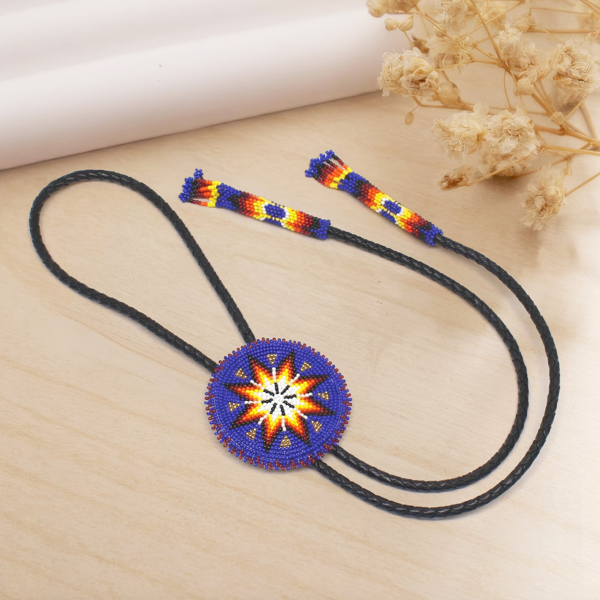 SALE 50% OFF - Handmade beaded Deep Blue Star Leather Bolo Tie Unisex With Native American Style