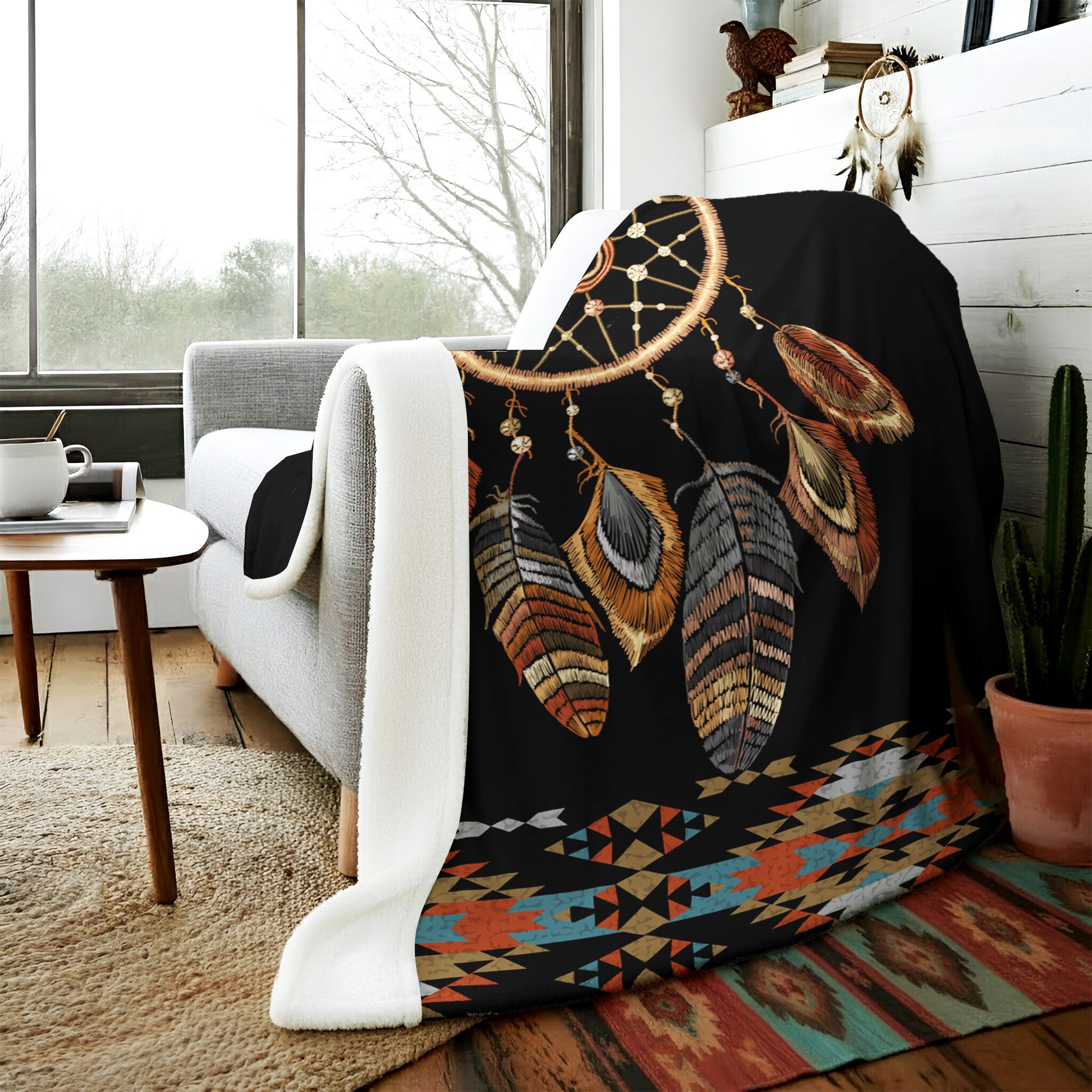 Native American Style Black Big Dreamcatcher Soft And Warm Fleece Blanket