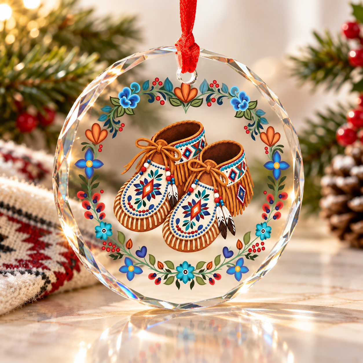 Native Floral Moccasins Glass Ornament – Indigenous Art Decor