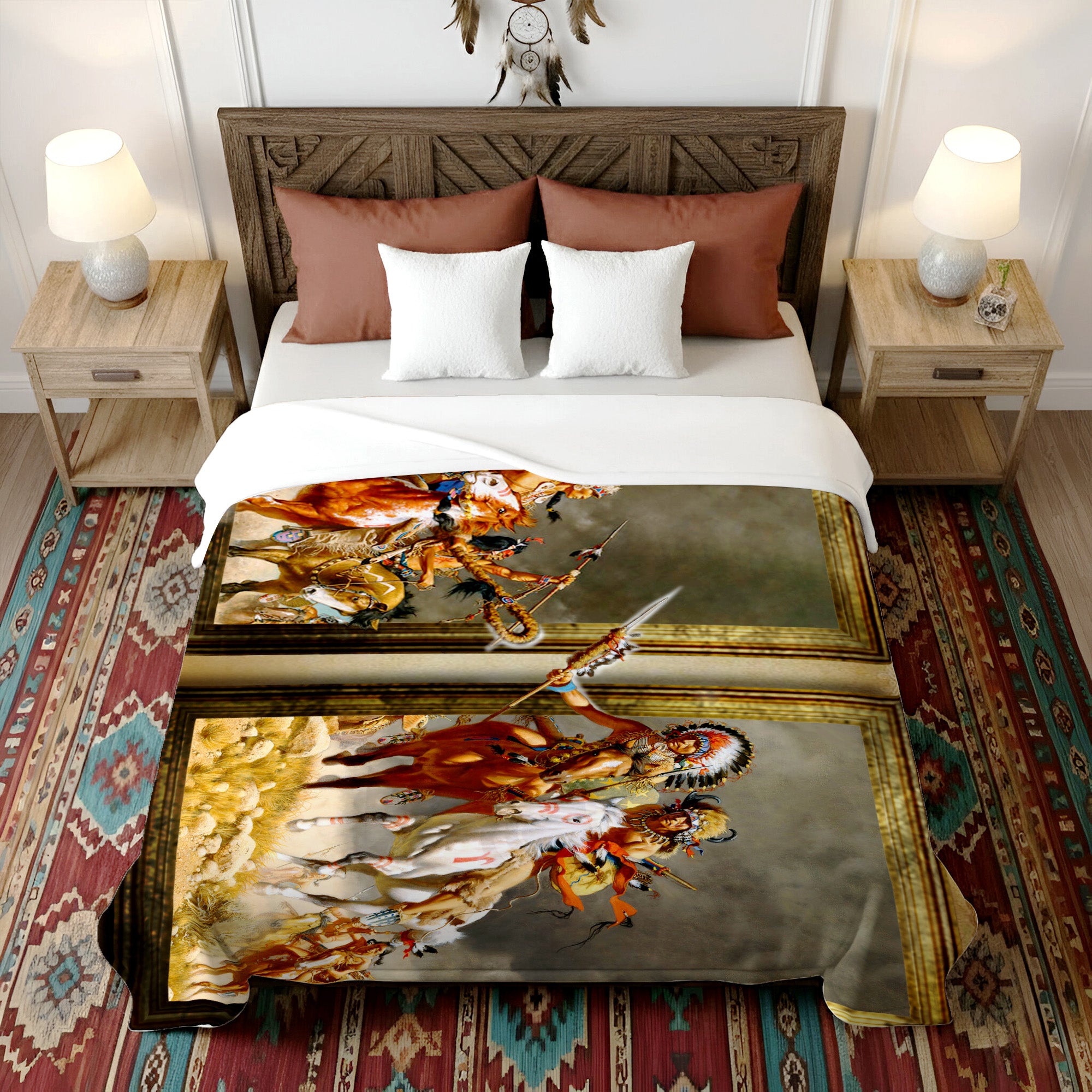 Native American Style Wariors Soft And Warm Premium Fleece Blanket