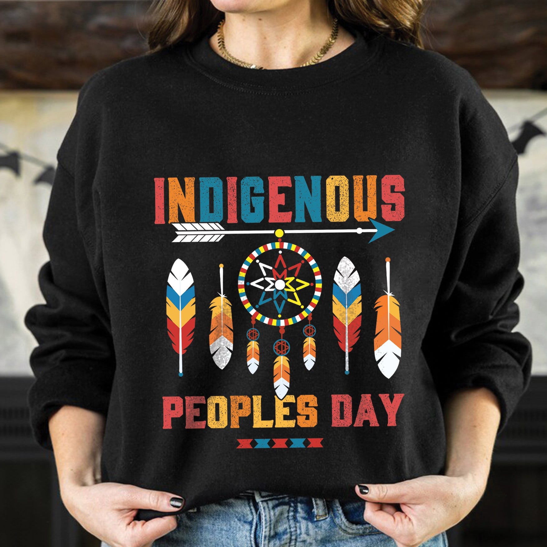 Indigenous Peoples Day Dreamcatcher, Arrow and Multicolor Tribal Feathers Unisex T-Shirt/T-Shirt V-Neck/Hoodie/Sweatshirt