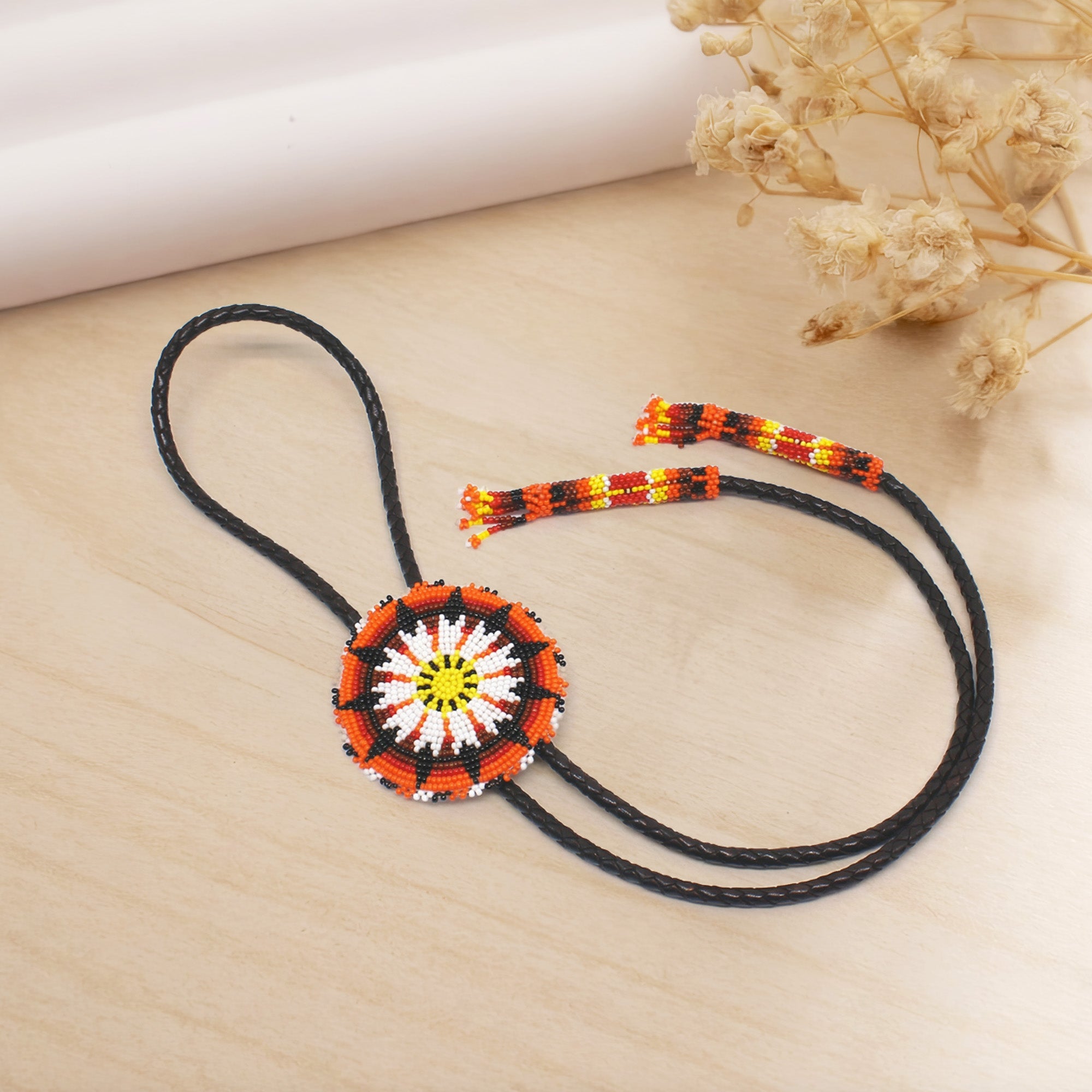 SALE 50% OFF - Handmade Beaded Orange Sunburst Leather Bolo Tie Unisex With Native American Style