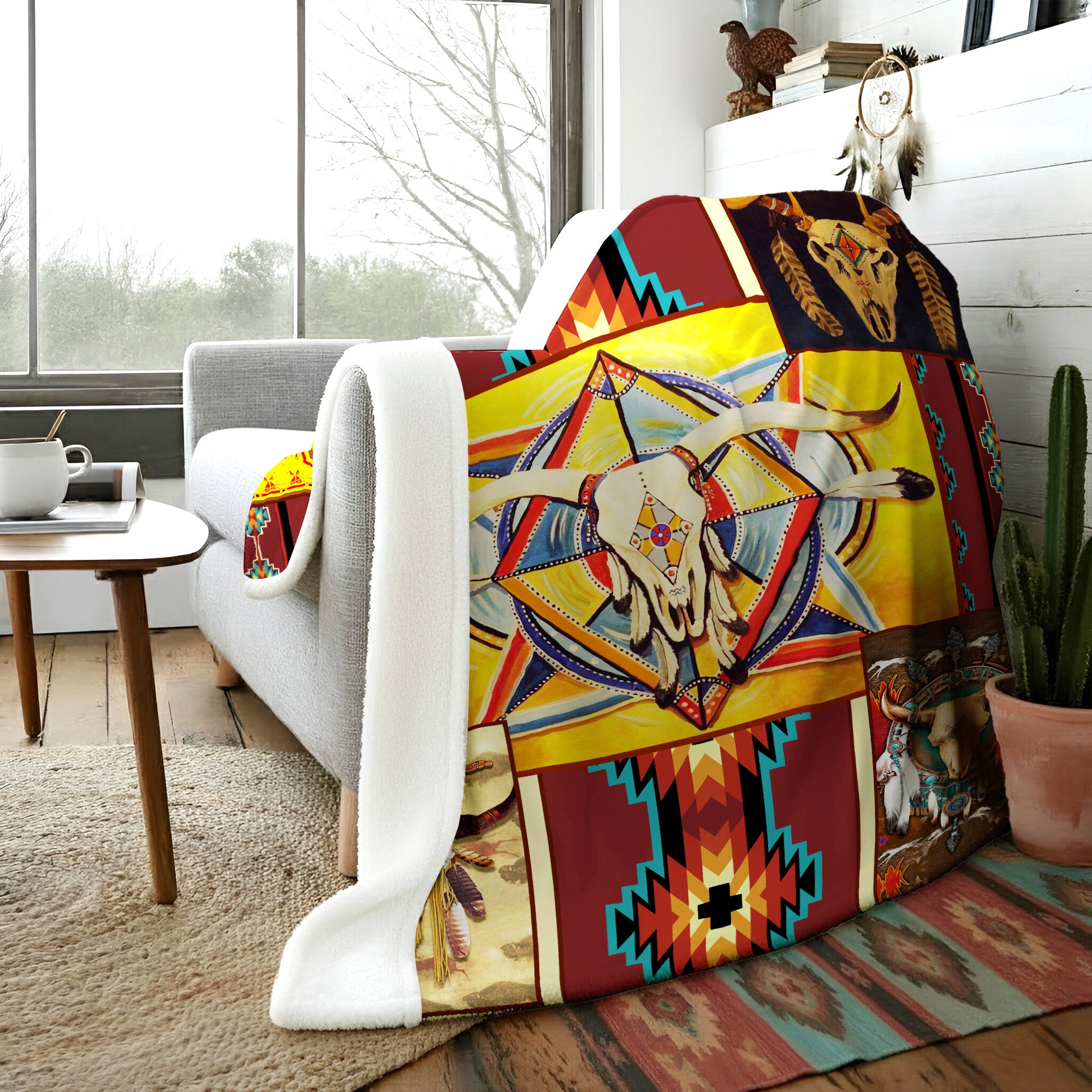 Native American Style Yellow Buffalo Symbols Soft and Warm Premium Fleece Blanket