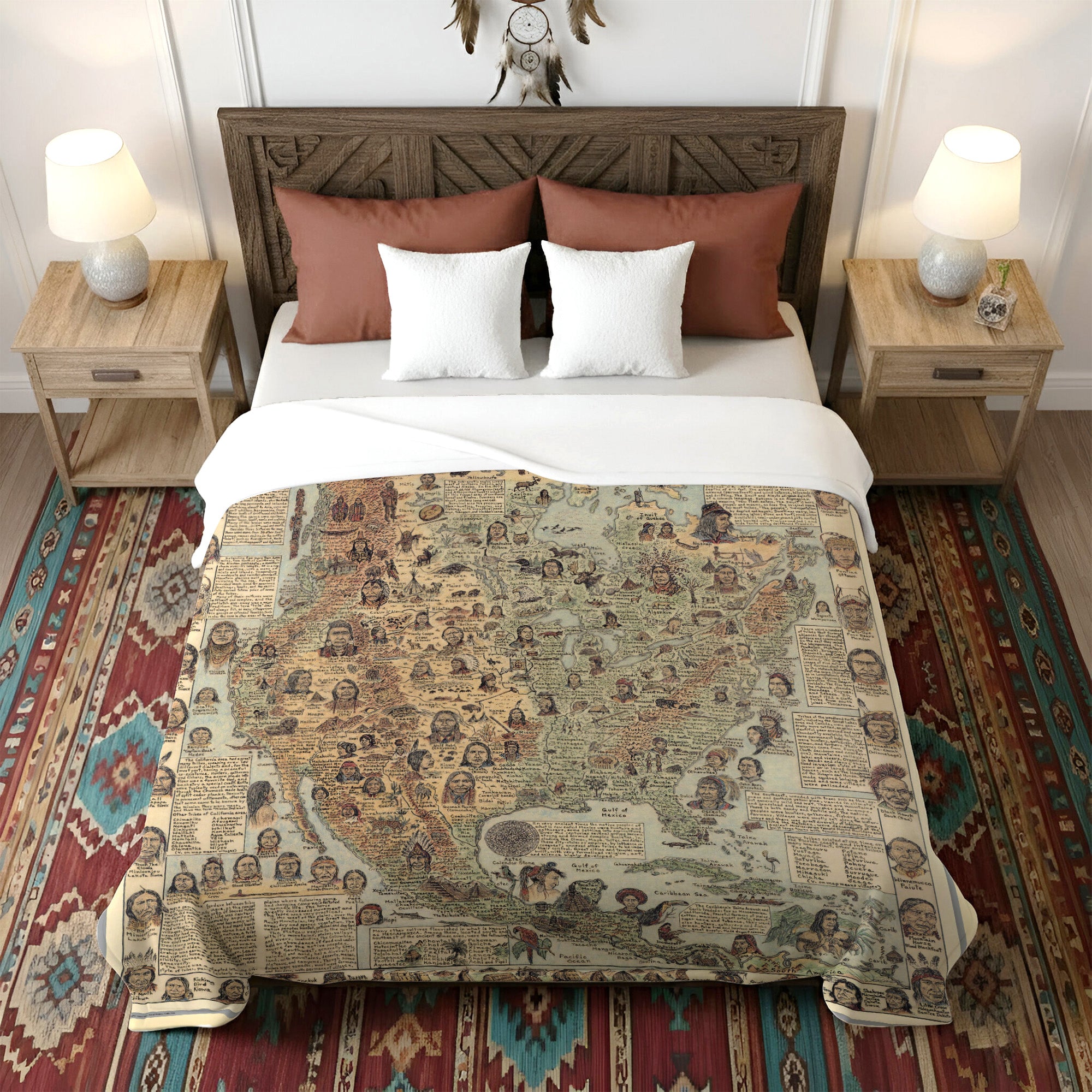 562 Native Tribes of North America Map Fleece Blanket, Native Design Camping Blanket Soft and Warm