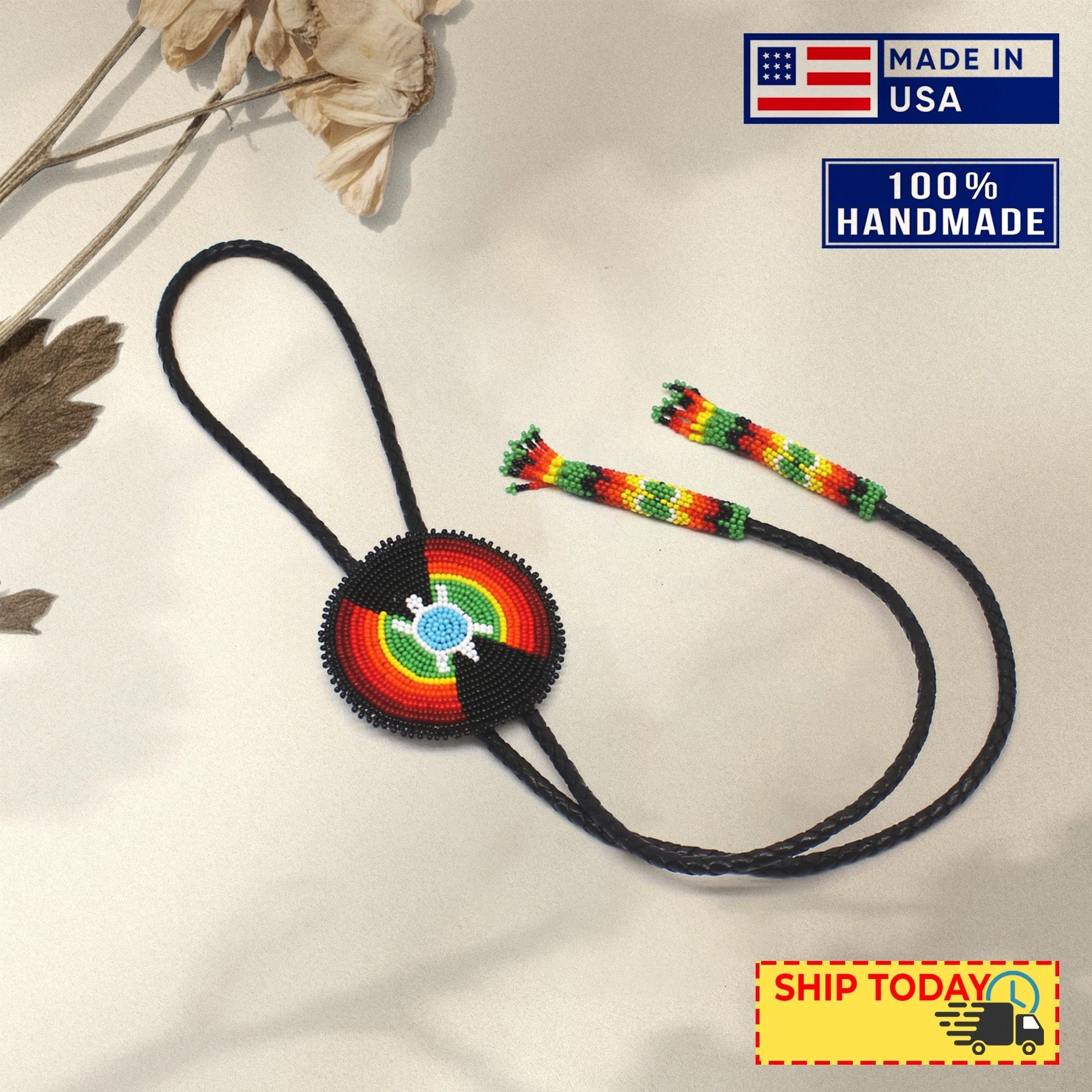 SALE 50% OFF - Handmade beaded Black leather Turtle Bolo Tie Unisex With Native American Style
