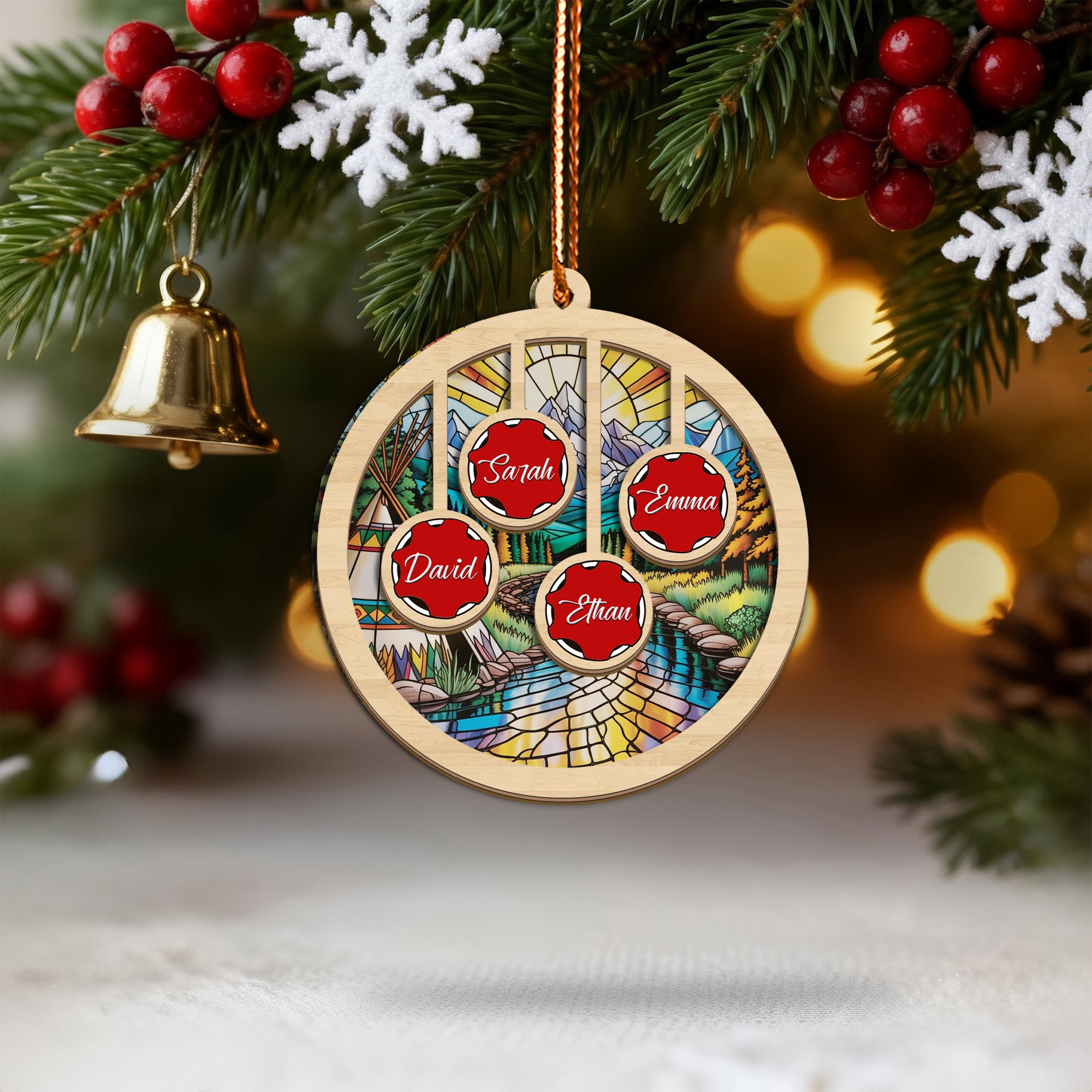 Native Teepee and Nature Family Ornament Unique Christmas Gift Decor Wood and Acrylic (Custom Name)