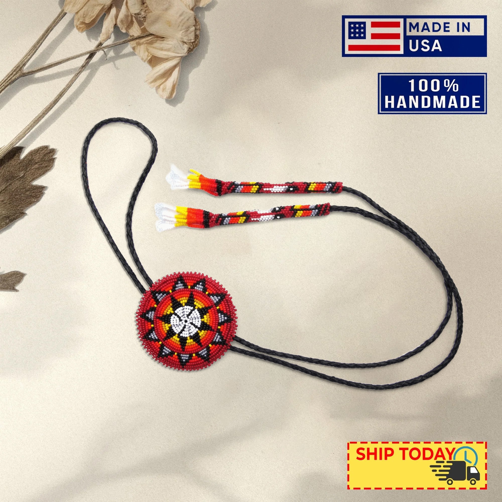 SALE 50% OFF - Handmade Beaded Red Star Bolo Tie with Black Leather Unisex With Native American Style