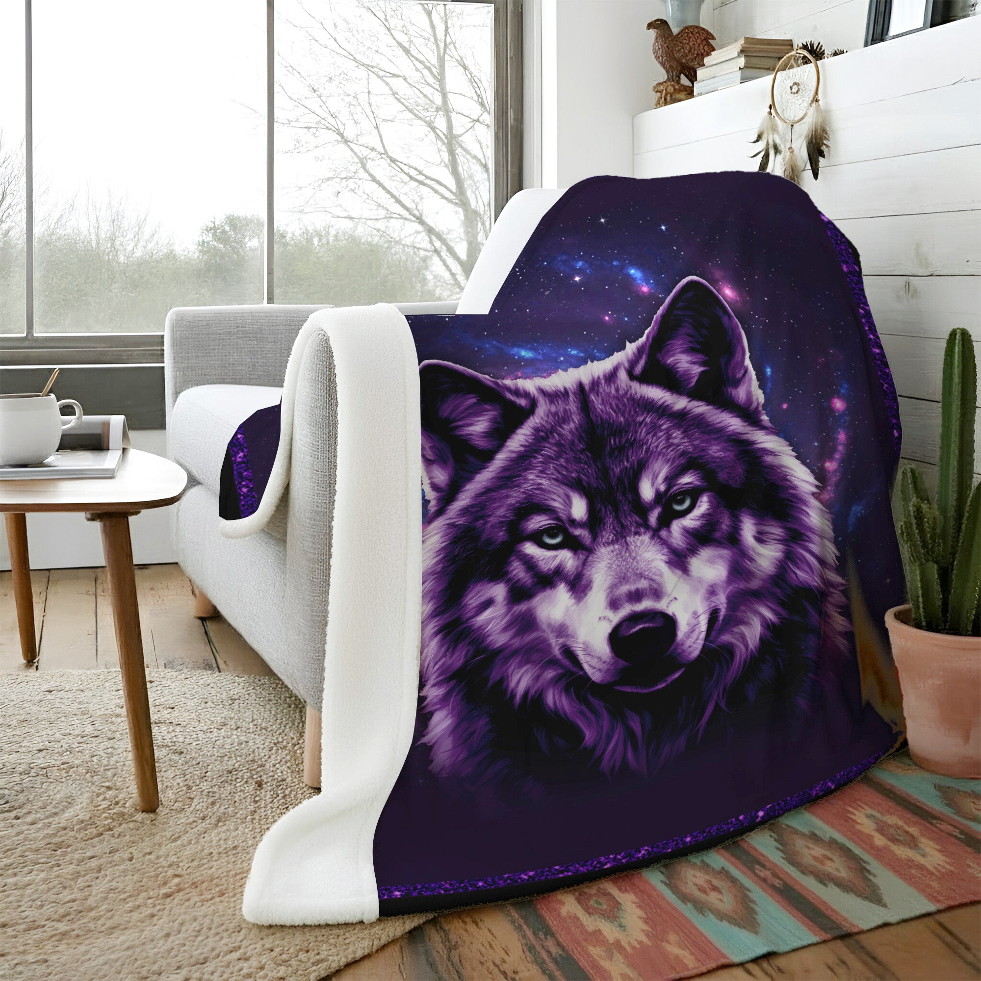 Spirit Wolf of the Purple Sky Native American Cozy Fleece Blanket