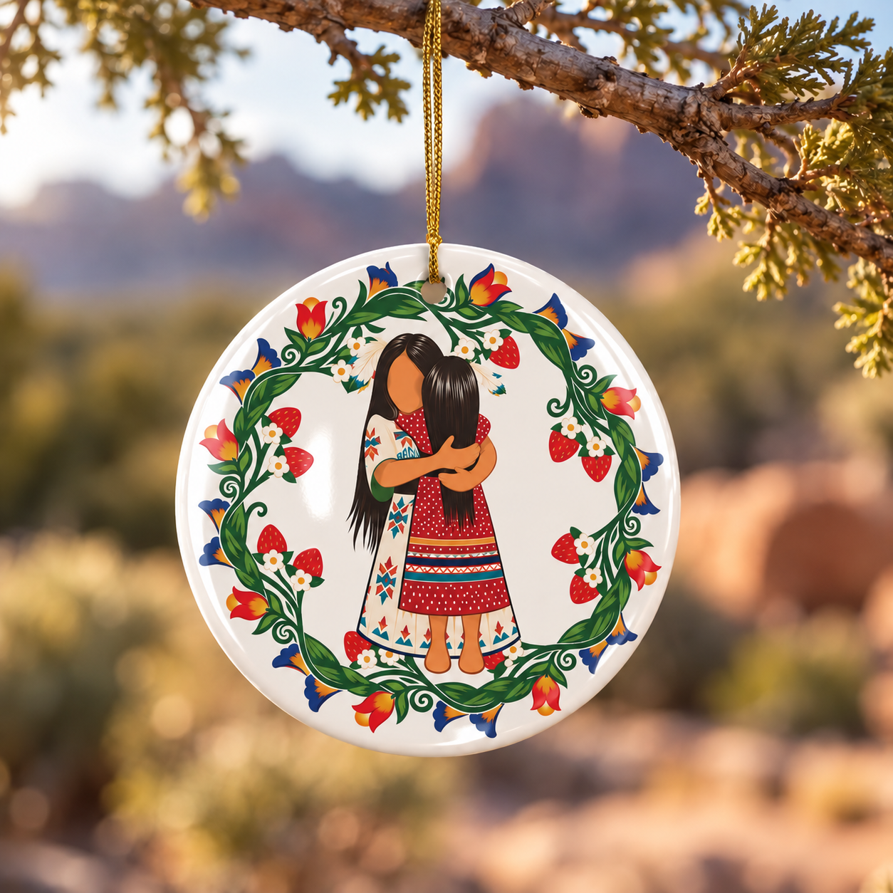 Native Mother Daughter Hug Ceramic Ornament - Indigenous Art Decor