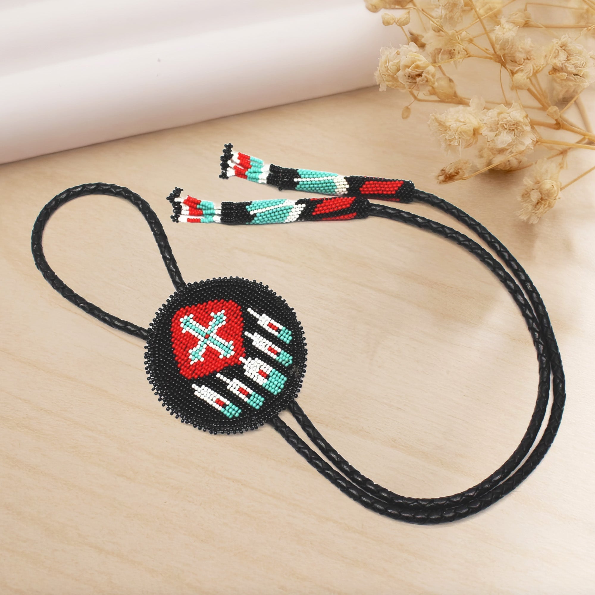 SALE 50% OFF - Handmade beaded Red Black Native style Black leather Bolo Tie Unisex