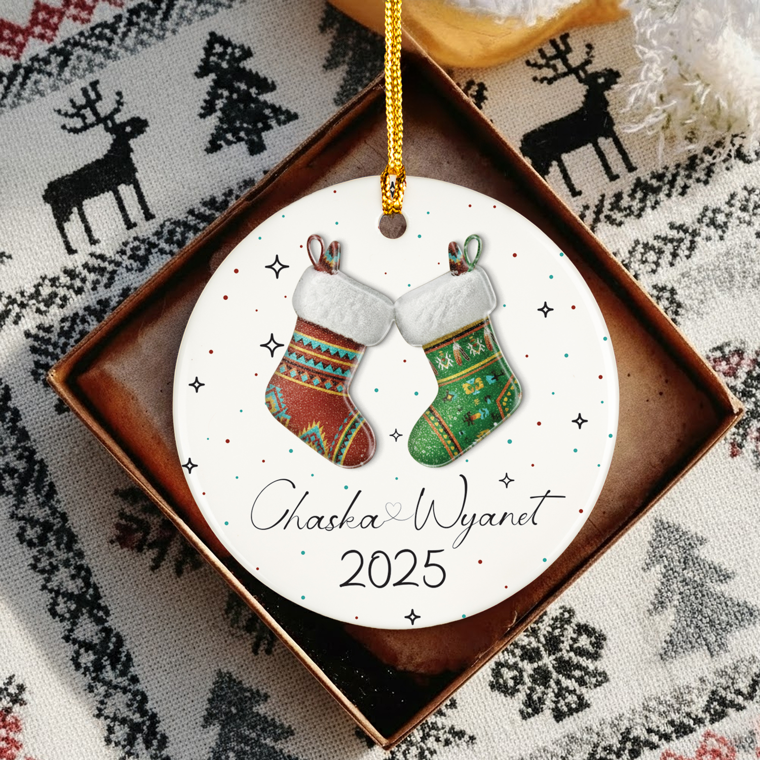 Couples Stocking Ceramic & Acrylic Round Ornament Native-Inspired Holiday Decor (Custom Name)