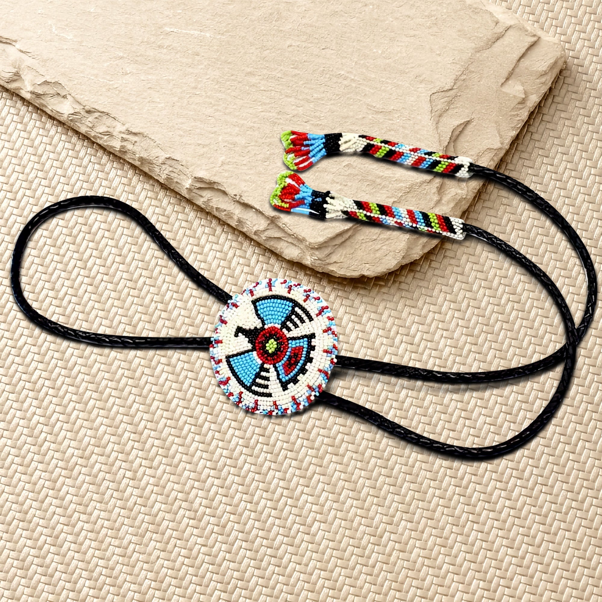 SALE 50% OFF - Handmade Cream Thunderbird Leather Bolo Tie with Beading Handmade Star Beadwork Unisex With Native American Style