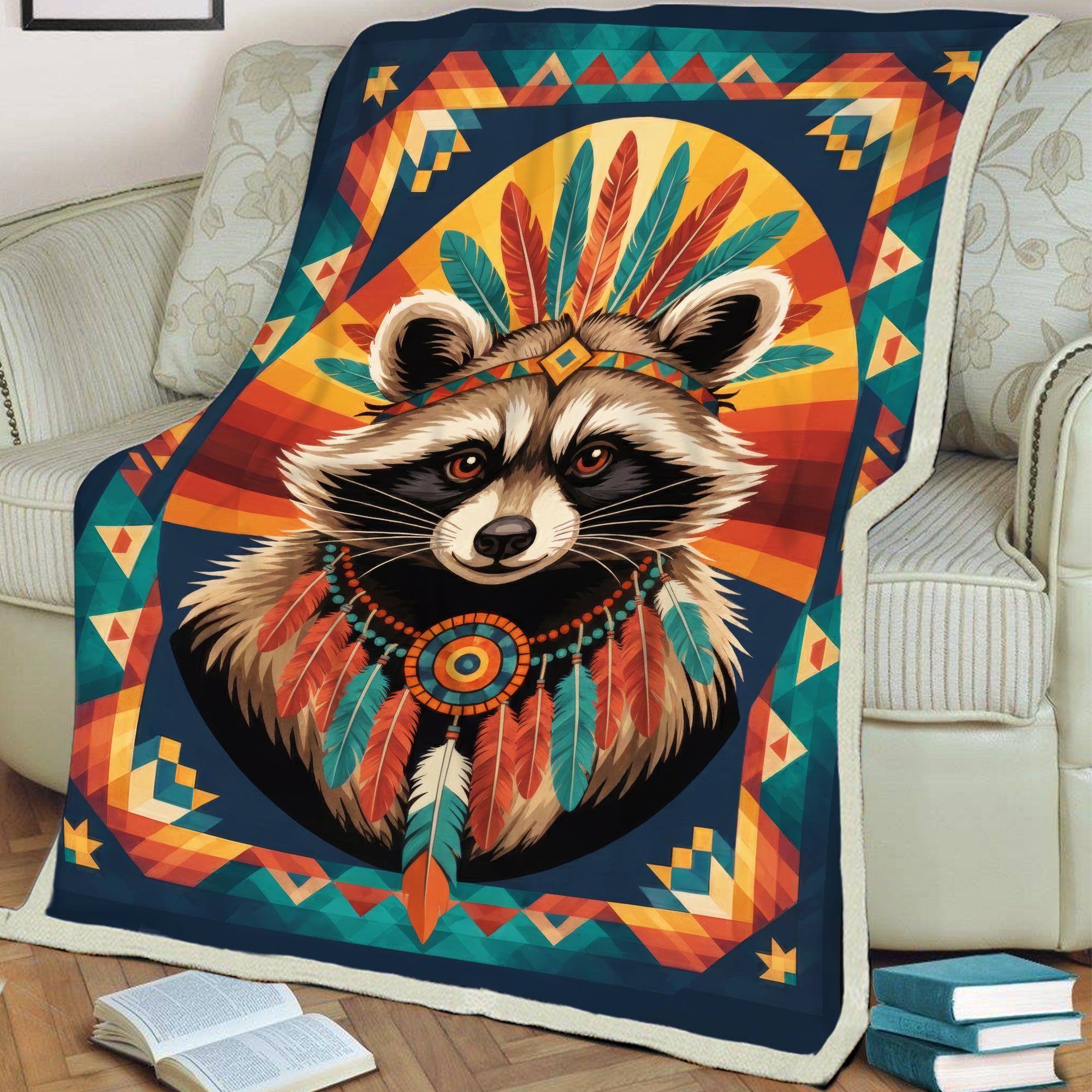 Colorful Feathered Raccoon Native American Cozy Fleece Blanket