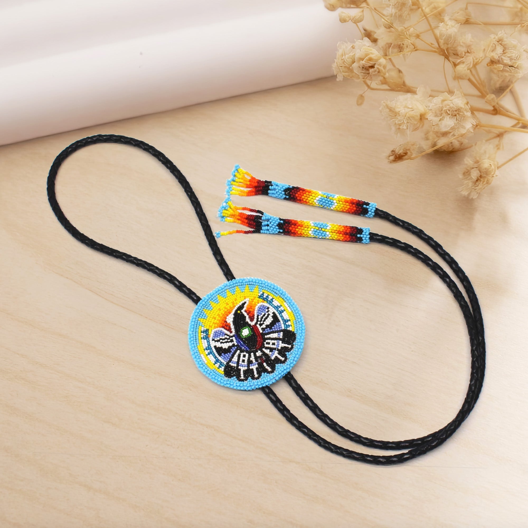 SALE 50% OFF - Handmade beaded Cyan Blue Eagle Bolo Tie Black leather Unisex With Native American Style