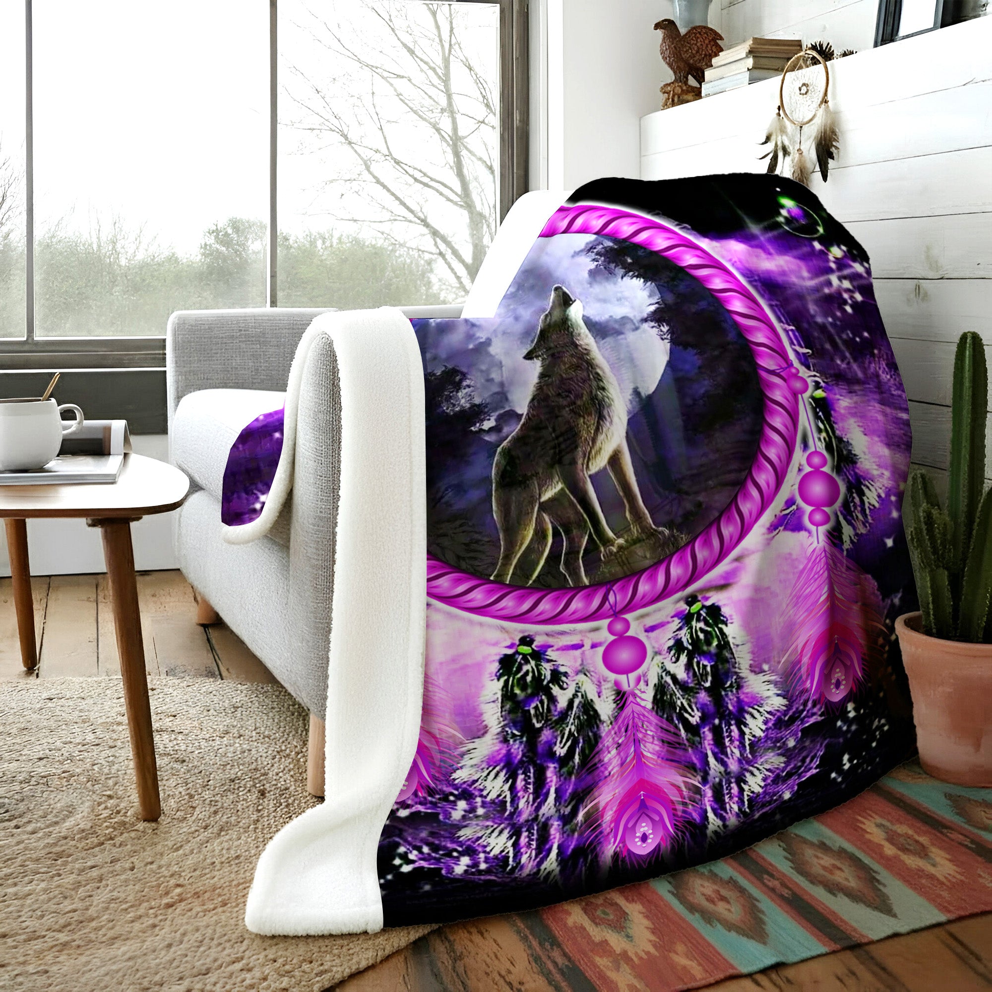 Native American Style Purple Wolf Dream Soft And Warm Premium Fleece Blanket