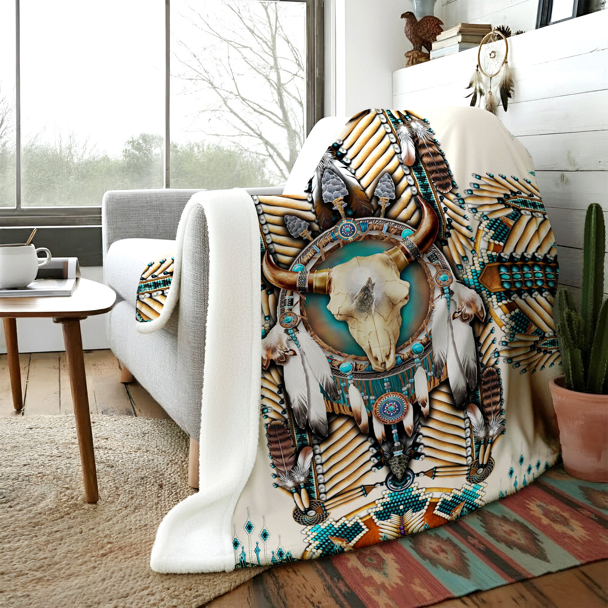 Native American Buffalo Head Motifs Premium Fleece Blanket, Turiquoise Native Indian Pattern Feather Fleece Blanket