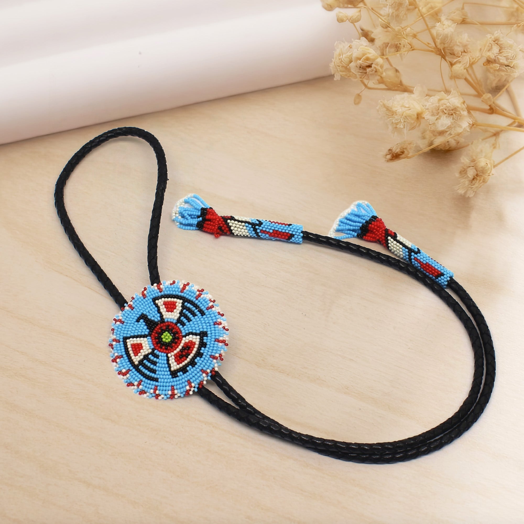SALE 50% OFF - Handmade beaded Cyan Blue Thunderbird leather Bolo Tie Unisex With Native American Style