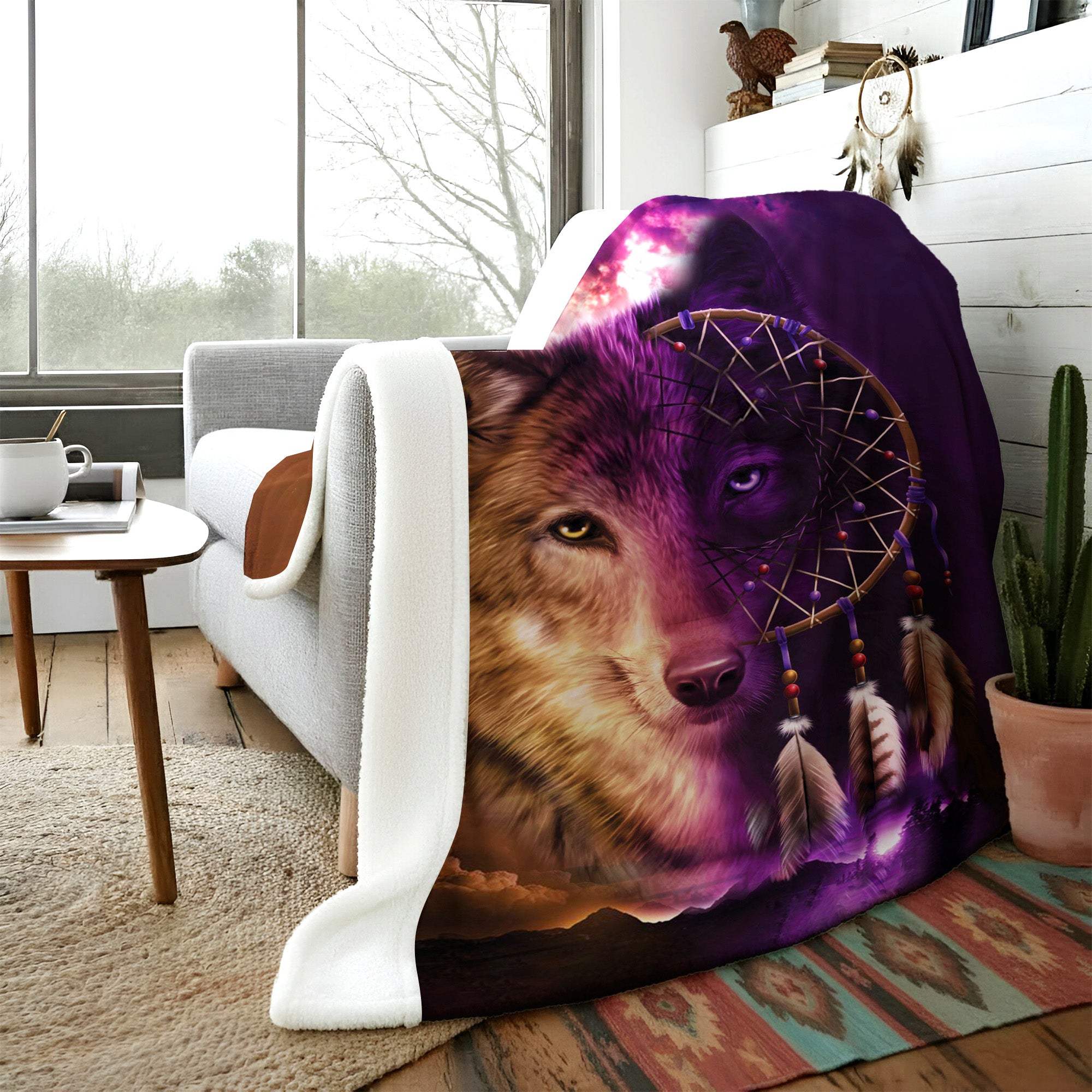 Native American Style  Wolf Native Soft And Warm Premium Fleece Blanket