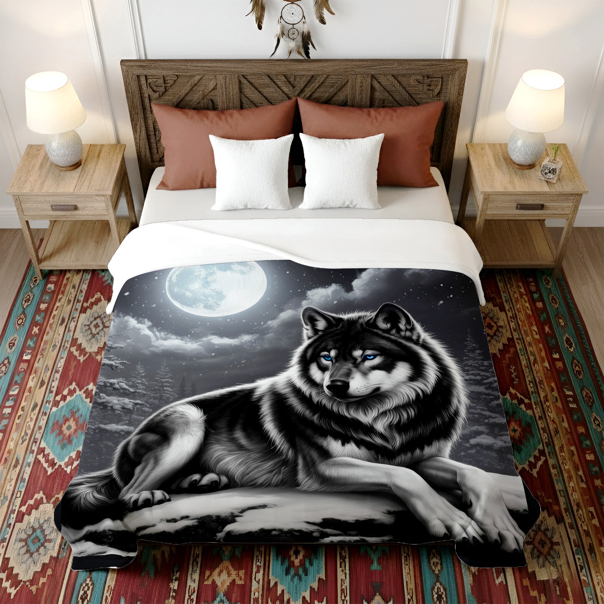Sacred Wolf Under the Moon Native American Cozy Fleece Blanket