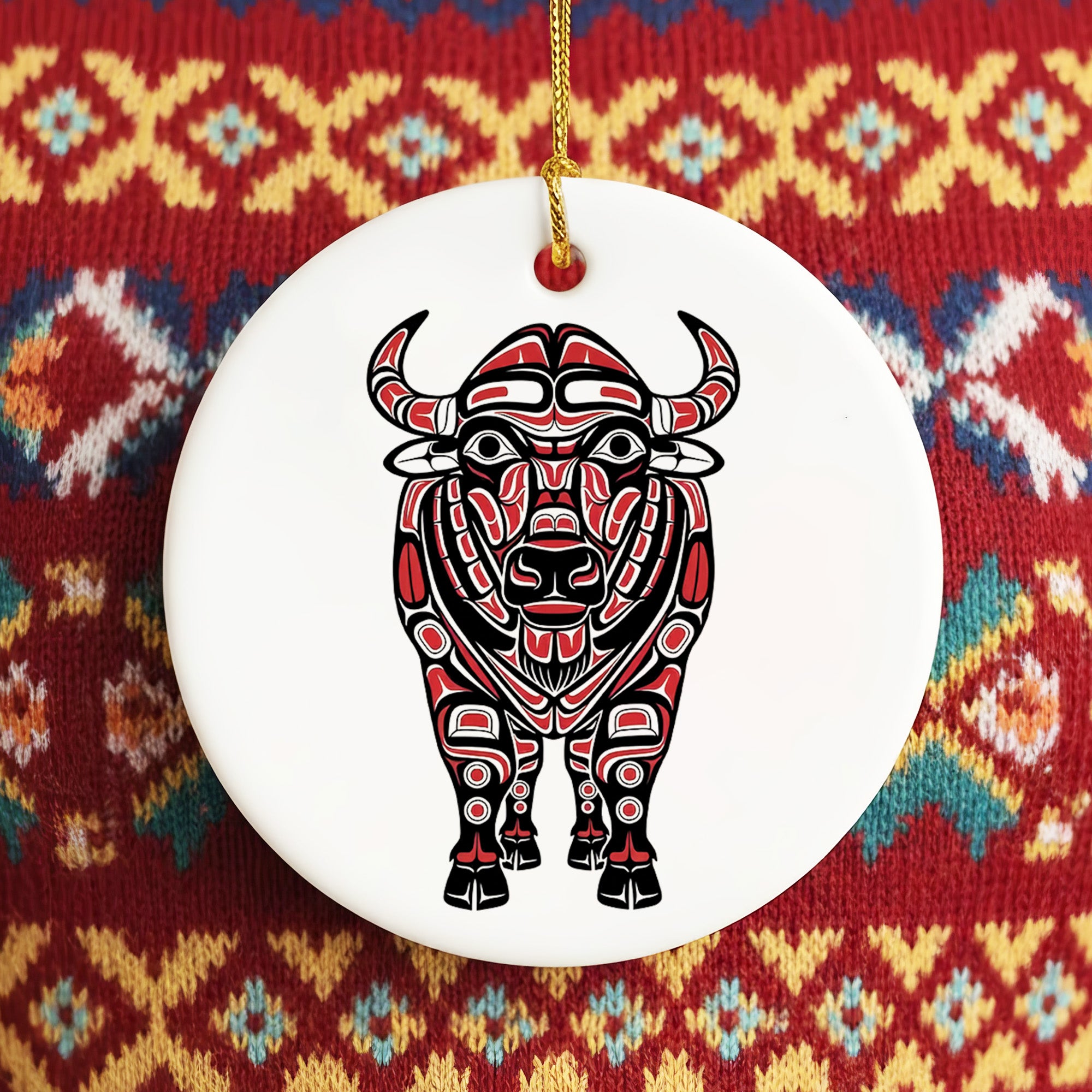 Native Buffalo Spirit Ceramic Ornament – Handcrafted Indigenous Art Decoration