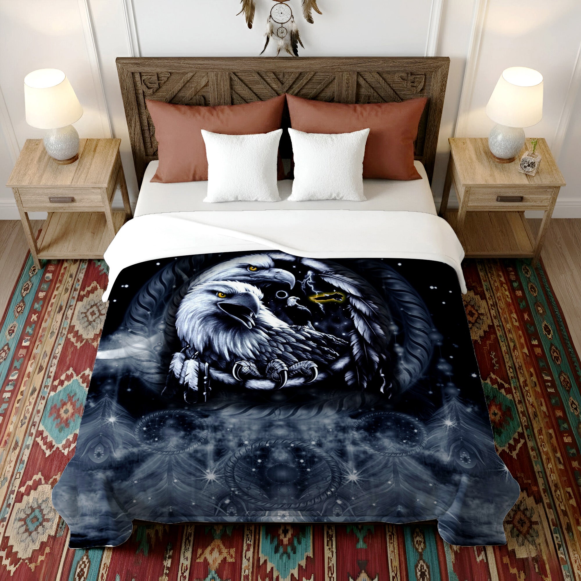 Native American Style Black Night Eagle Birds Soft and Warm Premium Fleece Blanket