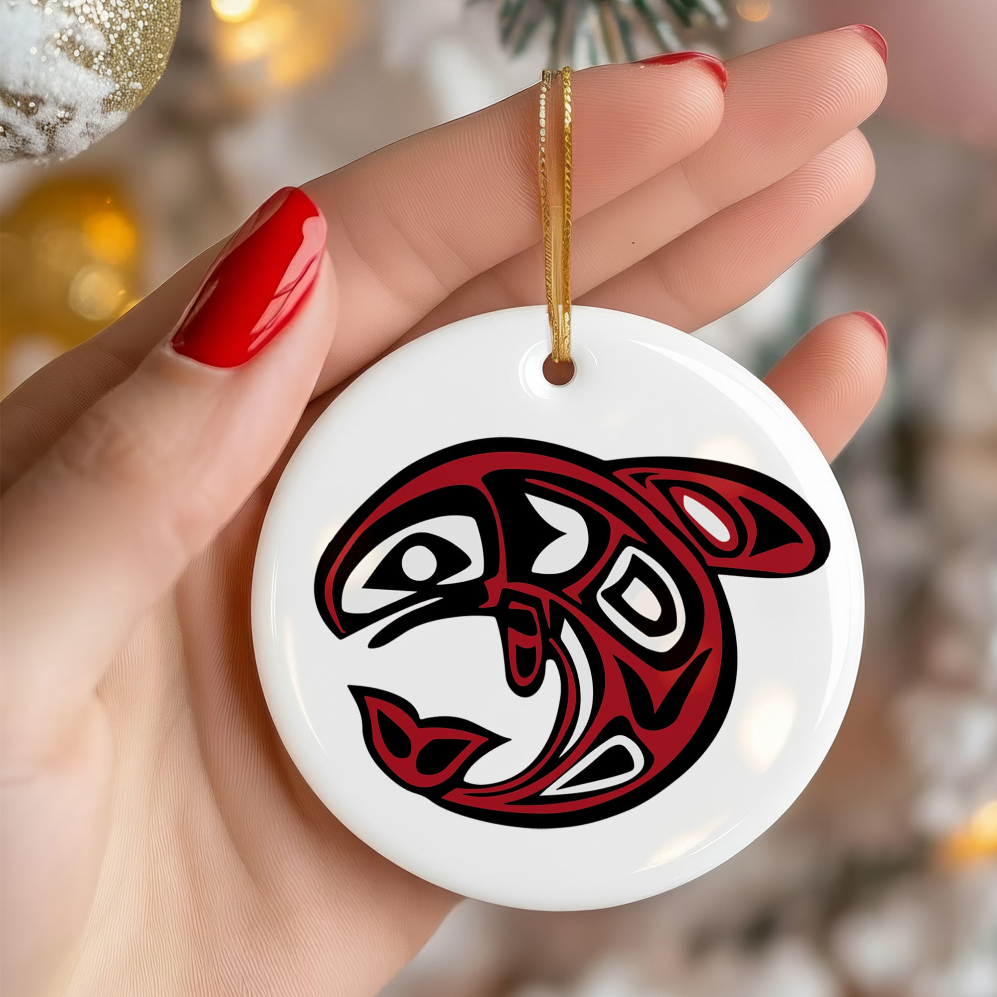 Native Orca Spirit Ceramic Ornament – Handcrafted Indigenous Art Decoration