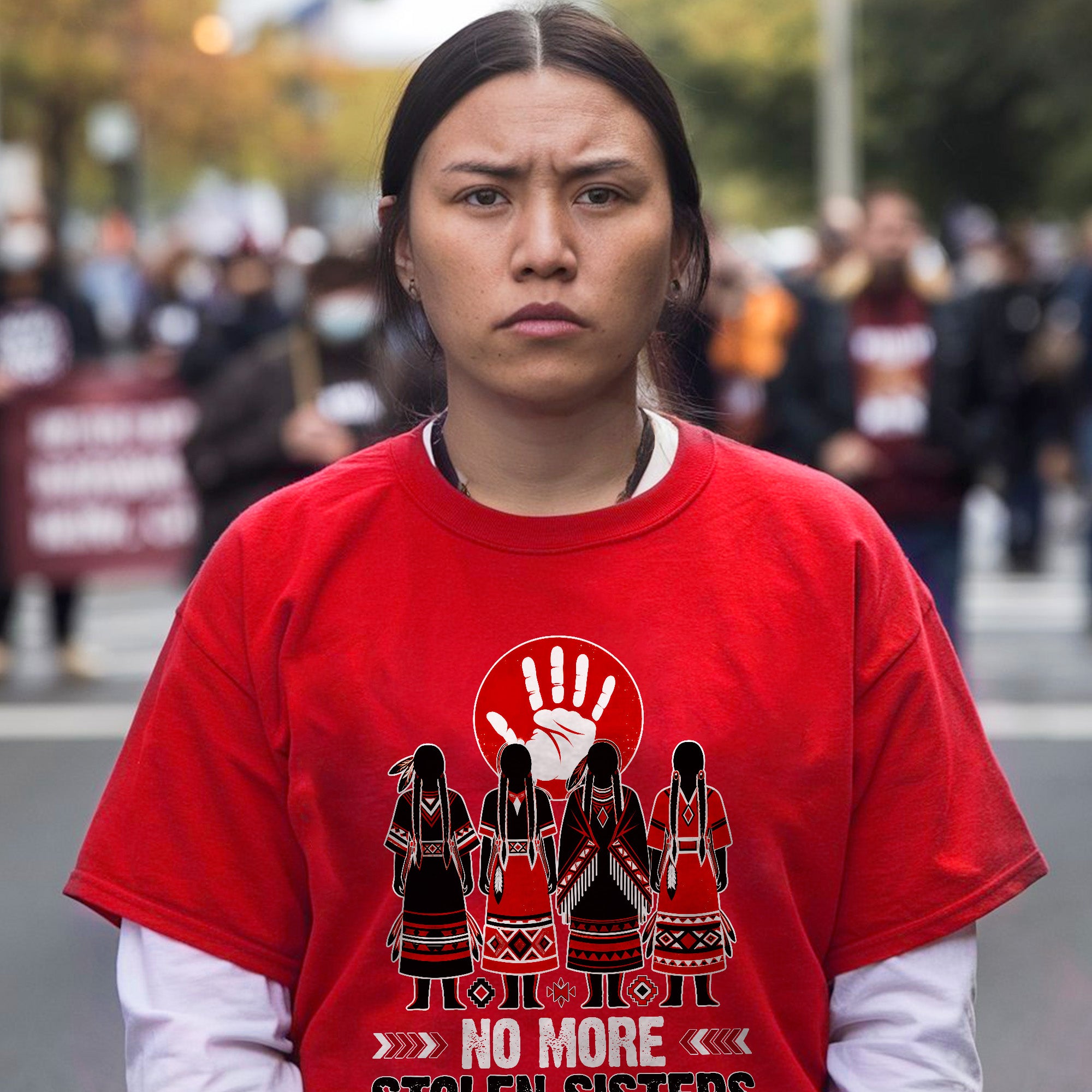No More Stolen Sisters - Native American Red Hand & Silhouette Design Unisex T-shirt/T-shirt V-Neck/Hoodie/Sweatshirt