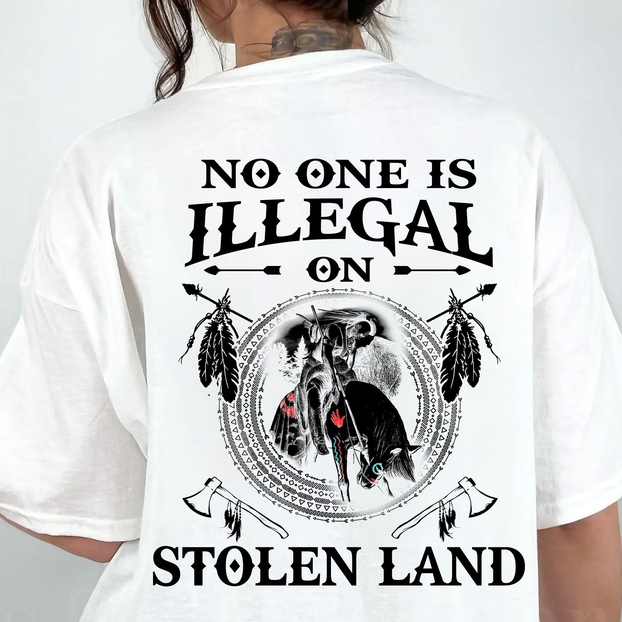 No One Is Illegal On Stolen Land. We Walk On Native Land Style 5 - One Side Unisex Back T-shirt/Hoodie/Sweatshirt