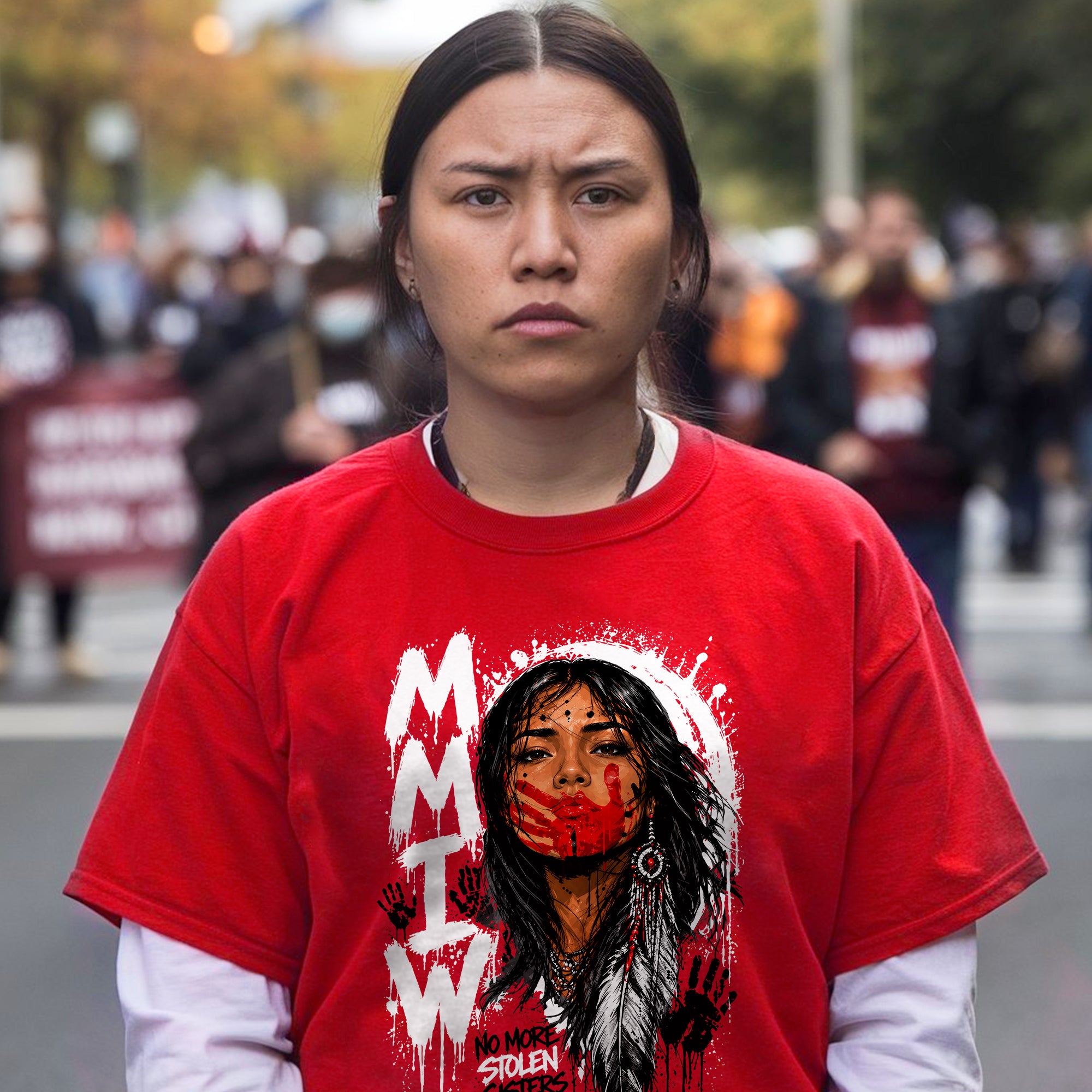 Voice of the Silent - MMIW Native Woman Portrait with Red Handprint Unisex T-shirt/T-shirt V-Neck/Hoodie/Sweatshirt