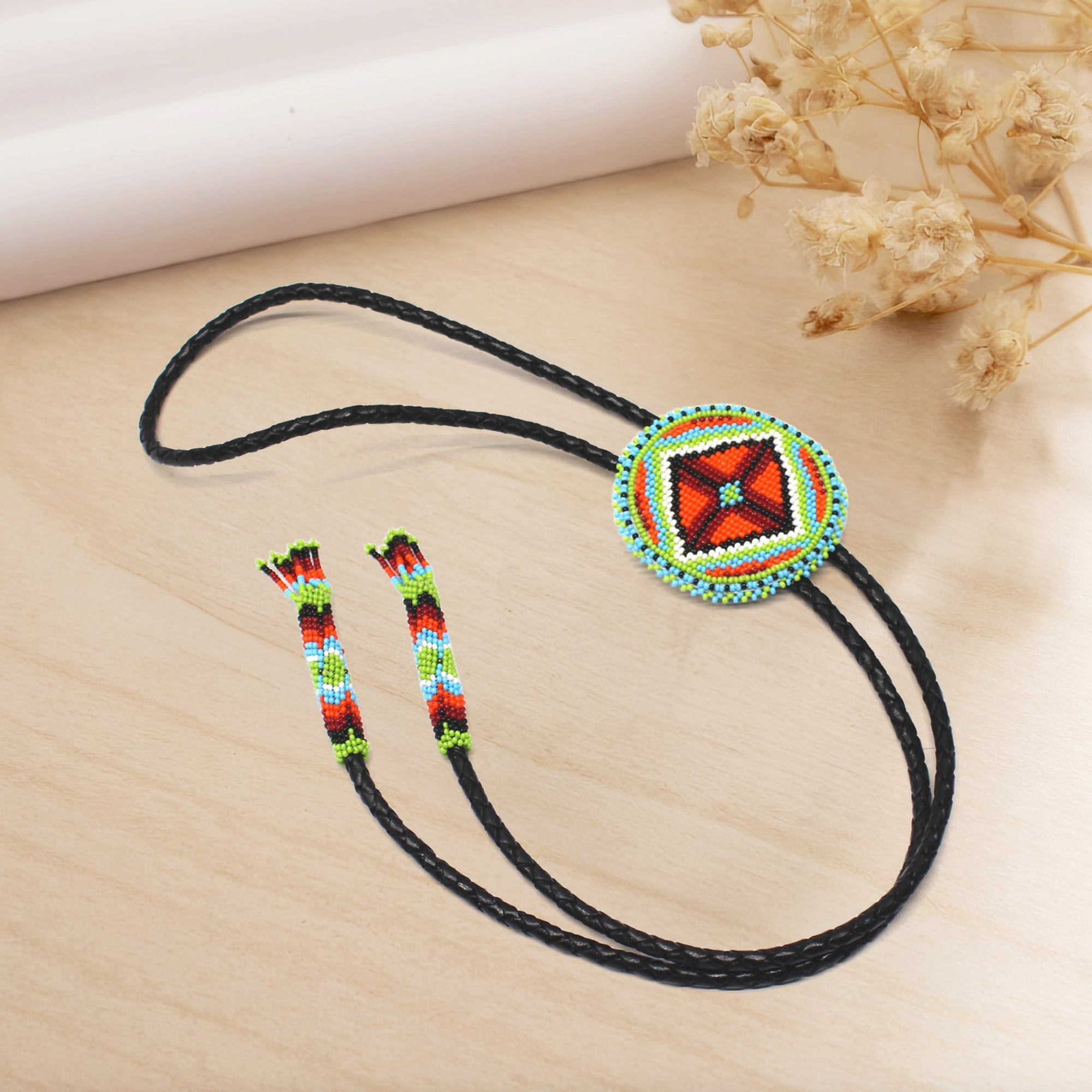 SALE 50% OFF - Handmade beaded Green Orange Aztec Bolo Tie black leather Unisex With Native American Style