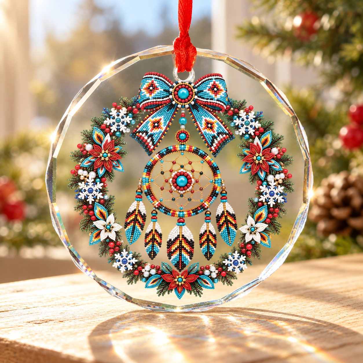Native Beaded Dreamcatcher Wreath Glass Ornament – Indigenous Art Decor