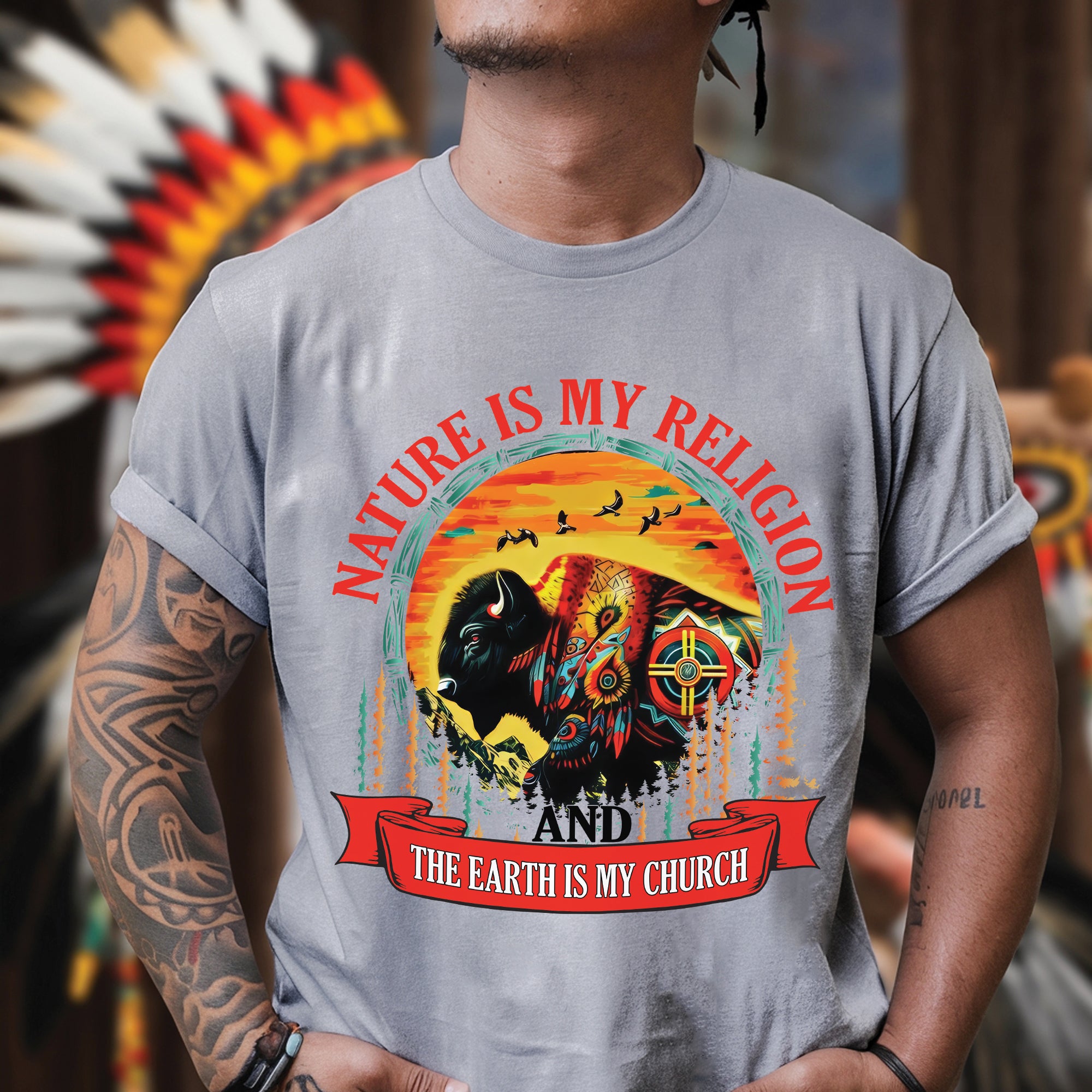 Nature Is My Religion Earth Is My Church Native American Art Buffalo Design Unisex T-shirt/T-shirt V-Neck/Hoodie/Sweatshirt