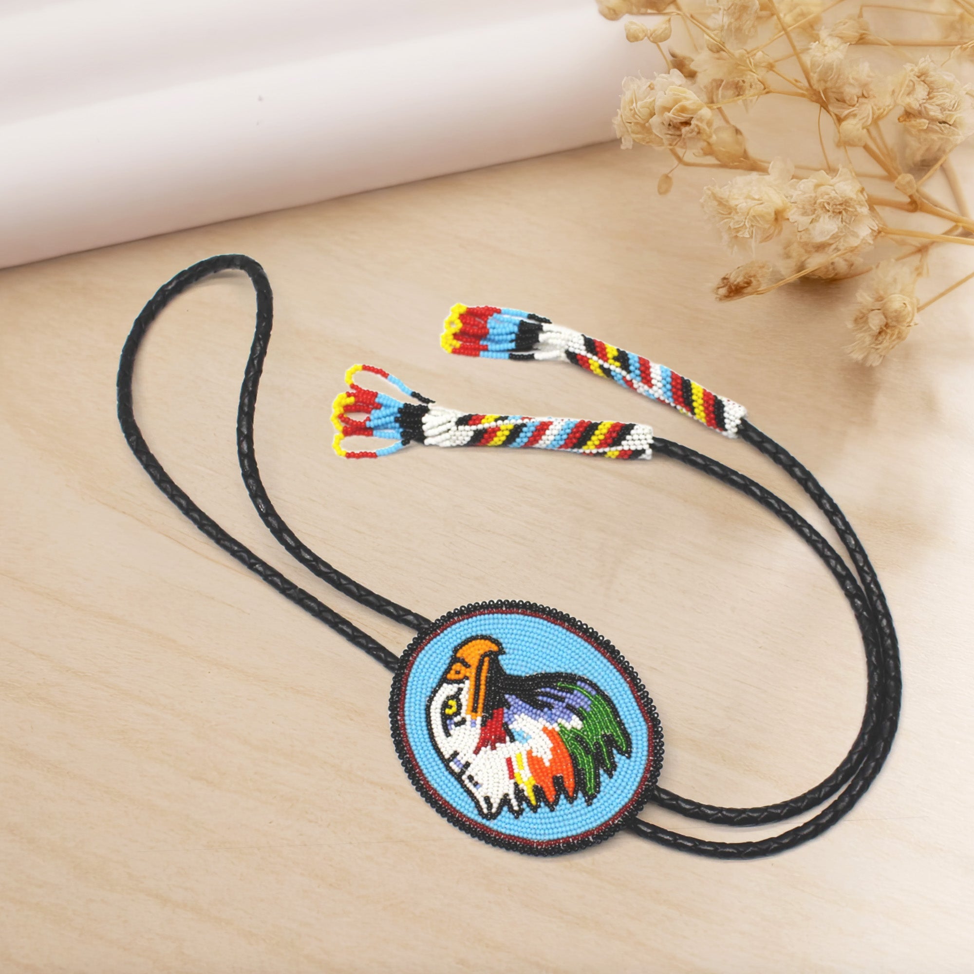SALE 50% OFF - Handmade beaded Cyan Blue Eagle Black Leather Bolo Tie Unisex With Native American Style