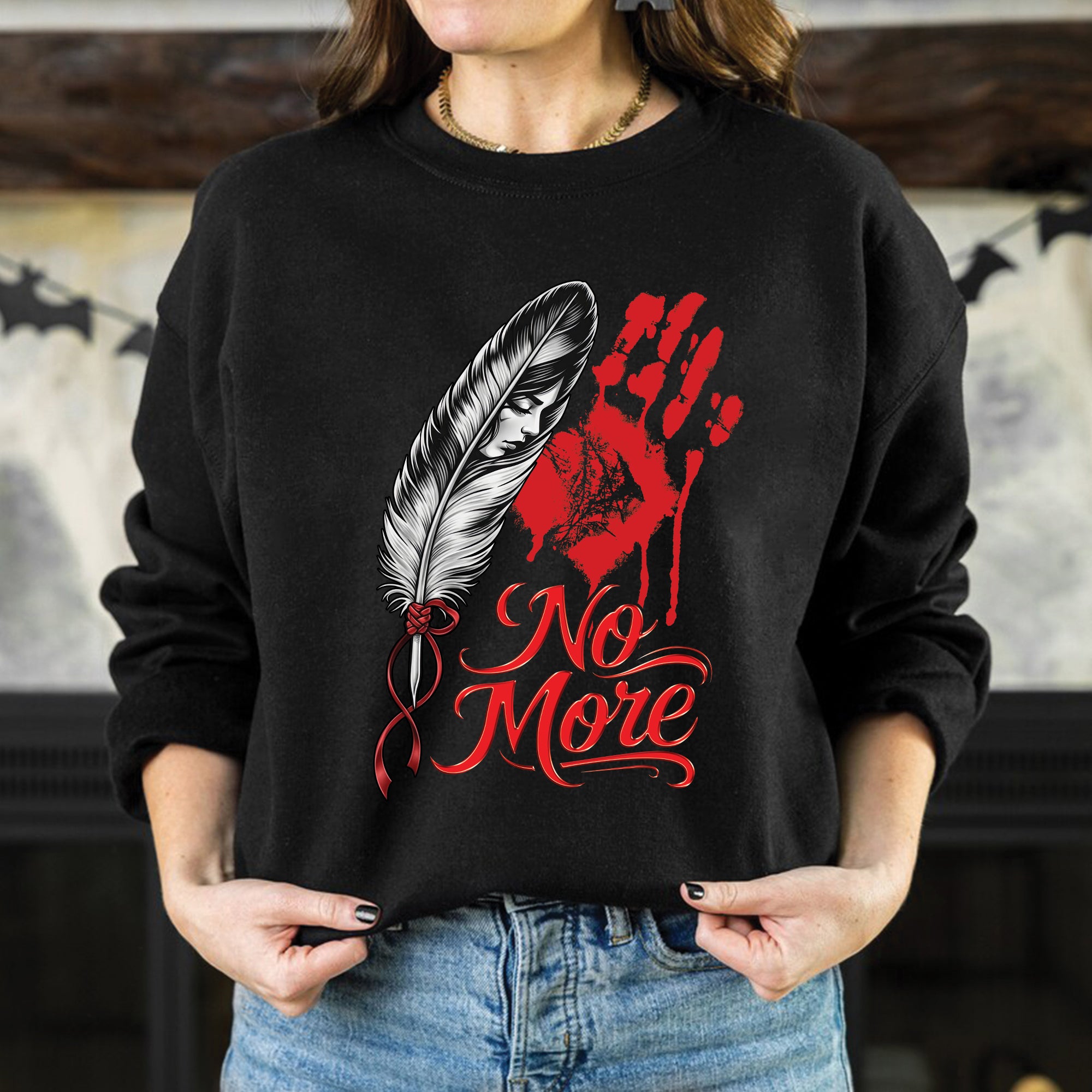 No More MMIW Awareness - Native American Feather & Handprint Design Unisex T-shirt/T-shirt V-Neck/Hoodie/Sweatshirt