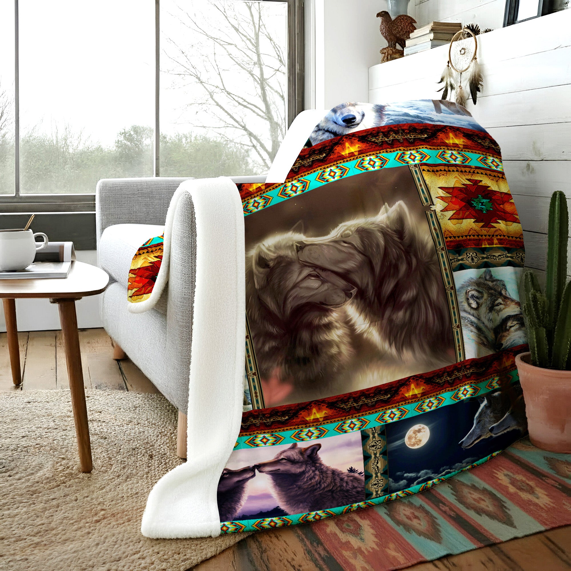 Native American Wolf Flock Fleece Blanket Soft and Warm Premium Fleece Blanket