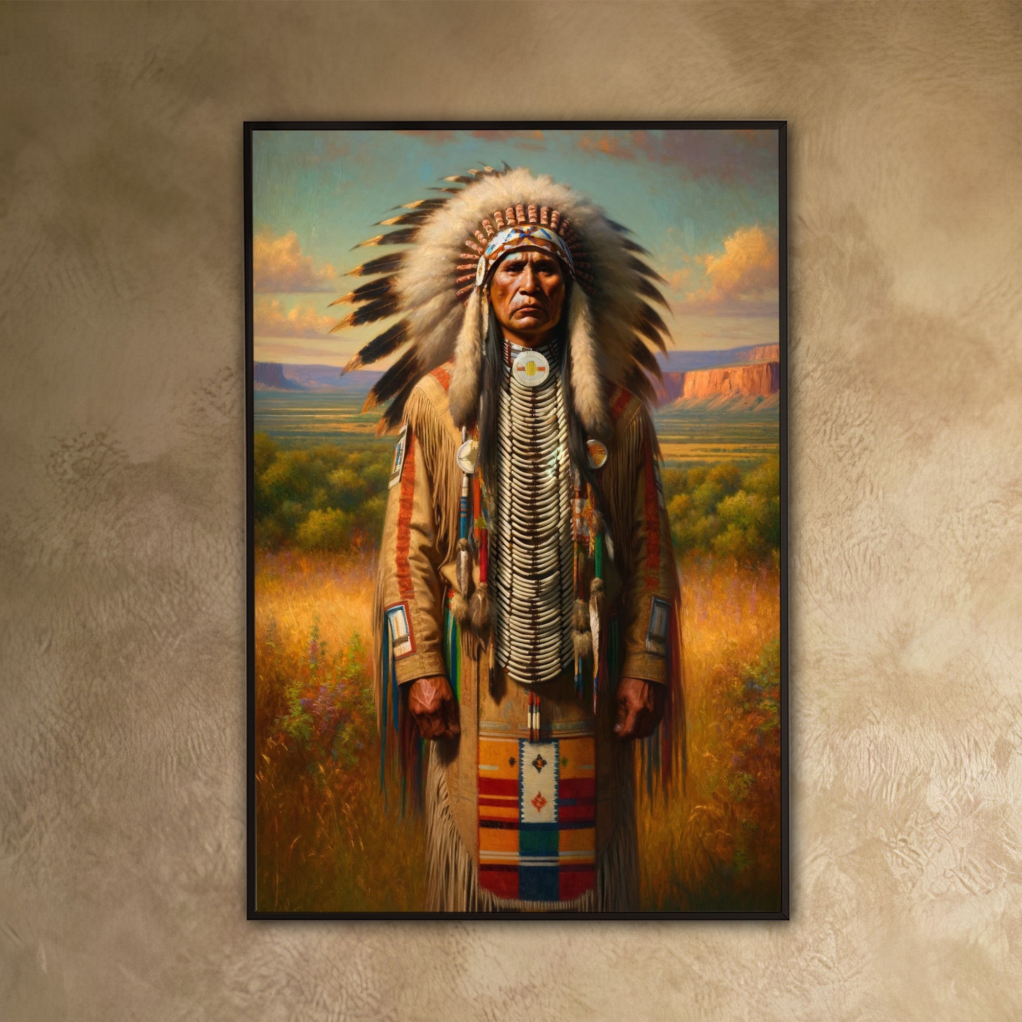 Custom Native American Chief Standing Portrait Photo Canvas Art Gift Home Decor