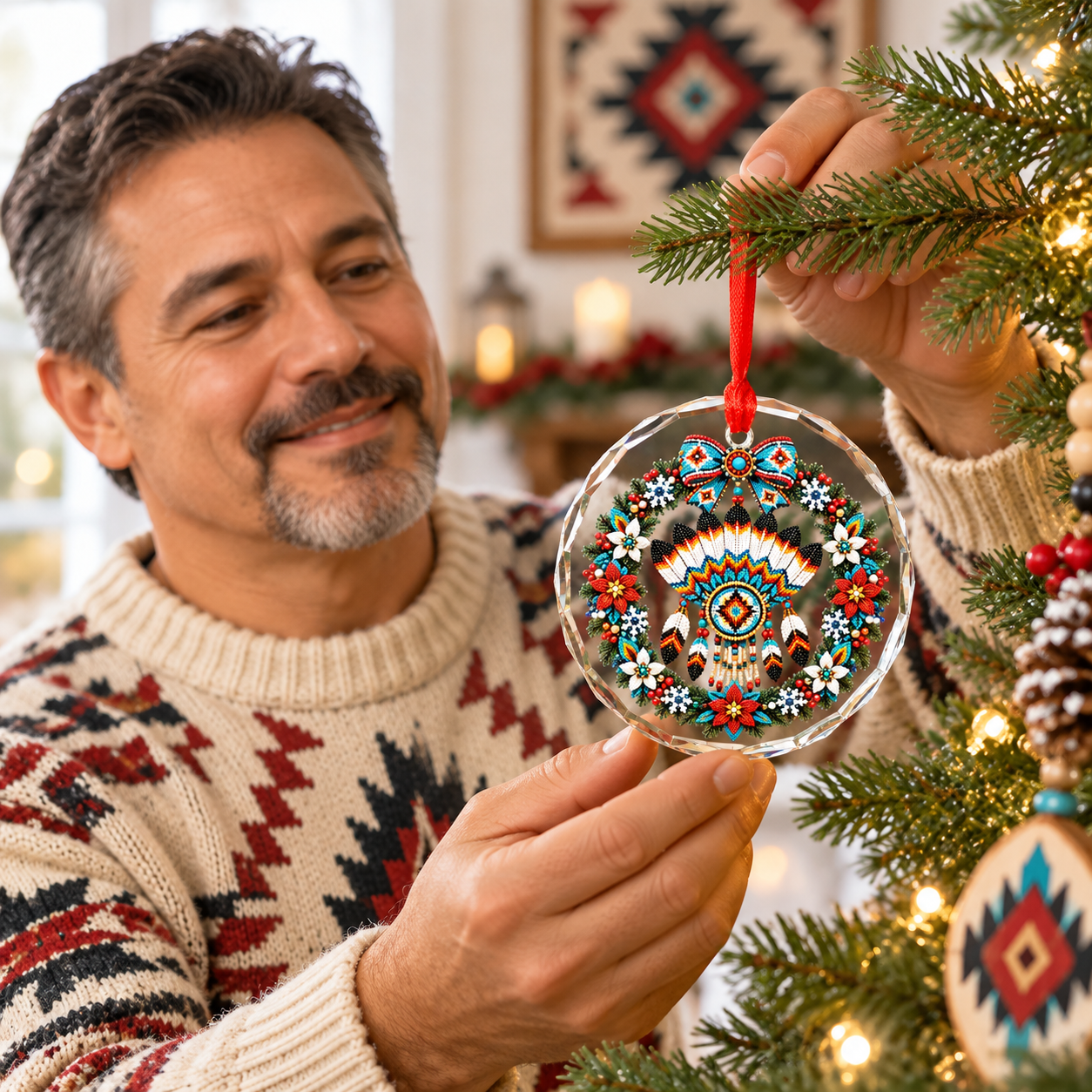 Native Beaded Chief Headdress Glass Ornament – Indigenous Art Decor