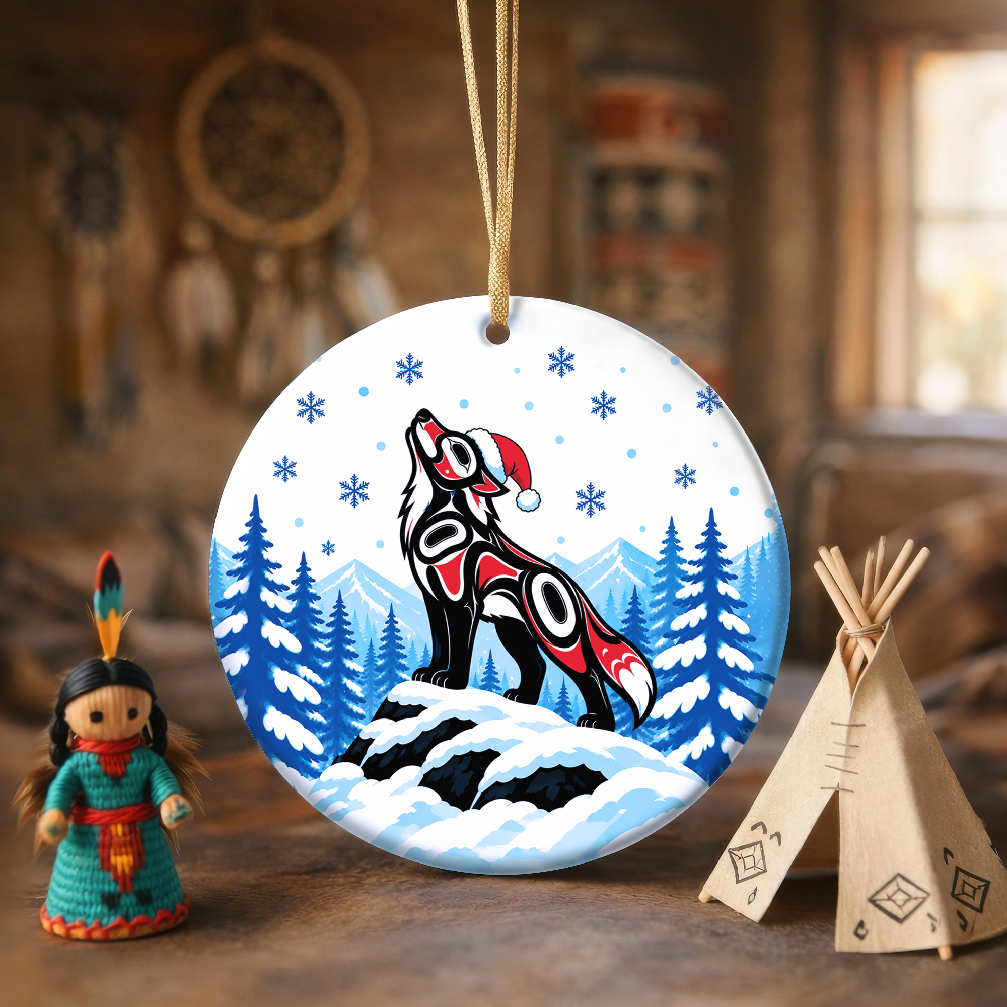 Howling Wolf Christmas Native Tribal Ceramic Ornament - Indigenous Art Decor