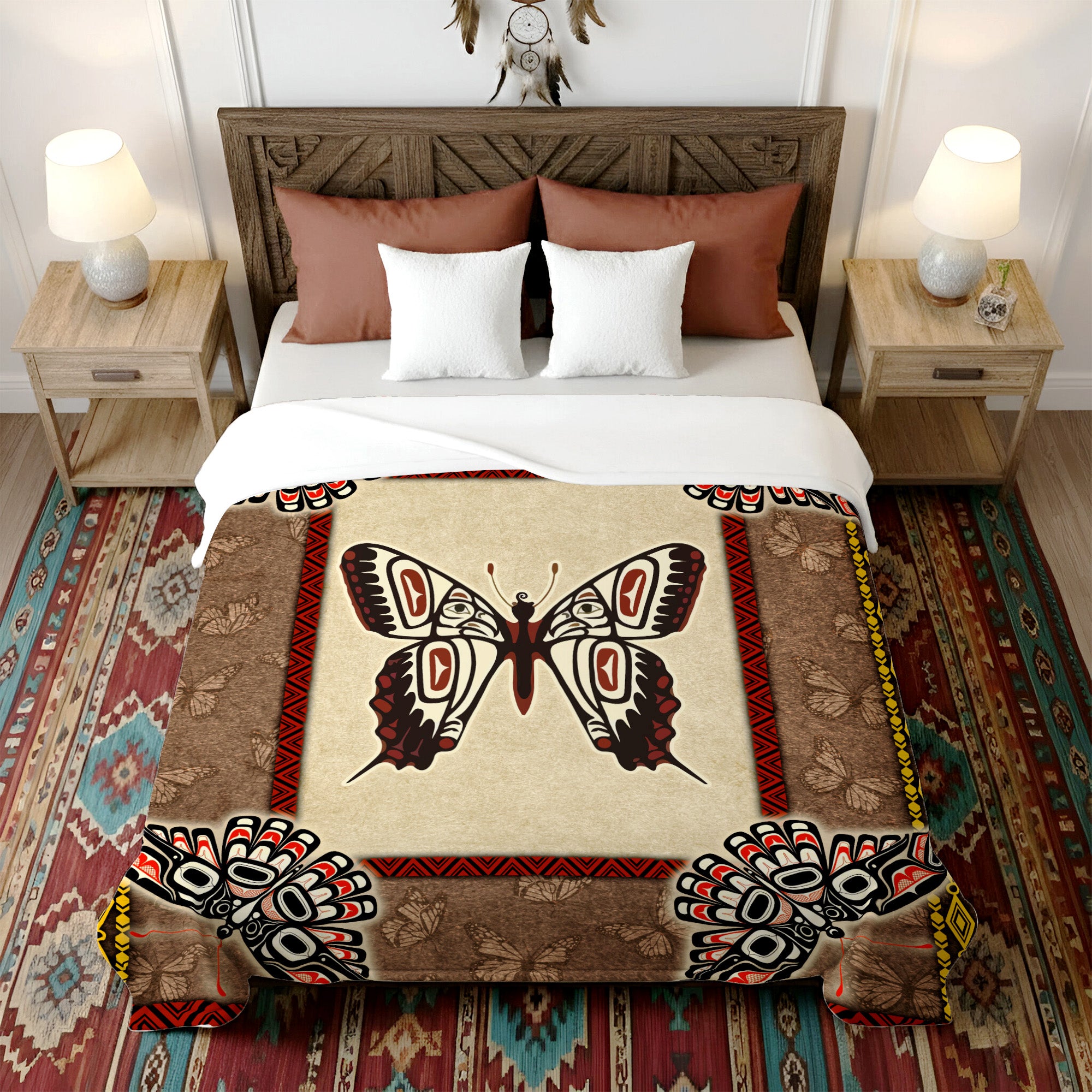 Native American Style Butterfly Symbols Soft and Warm Premium Fleece Blanket