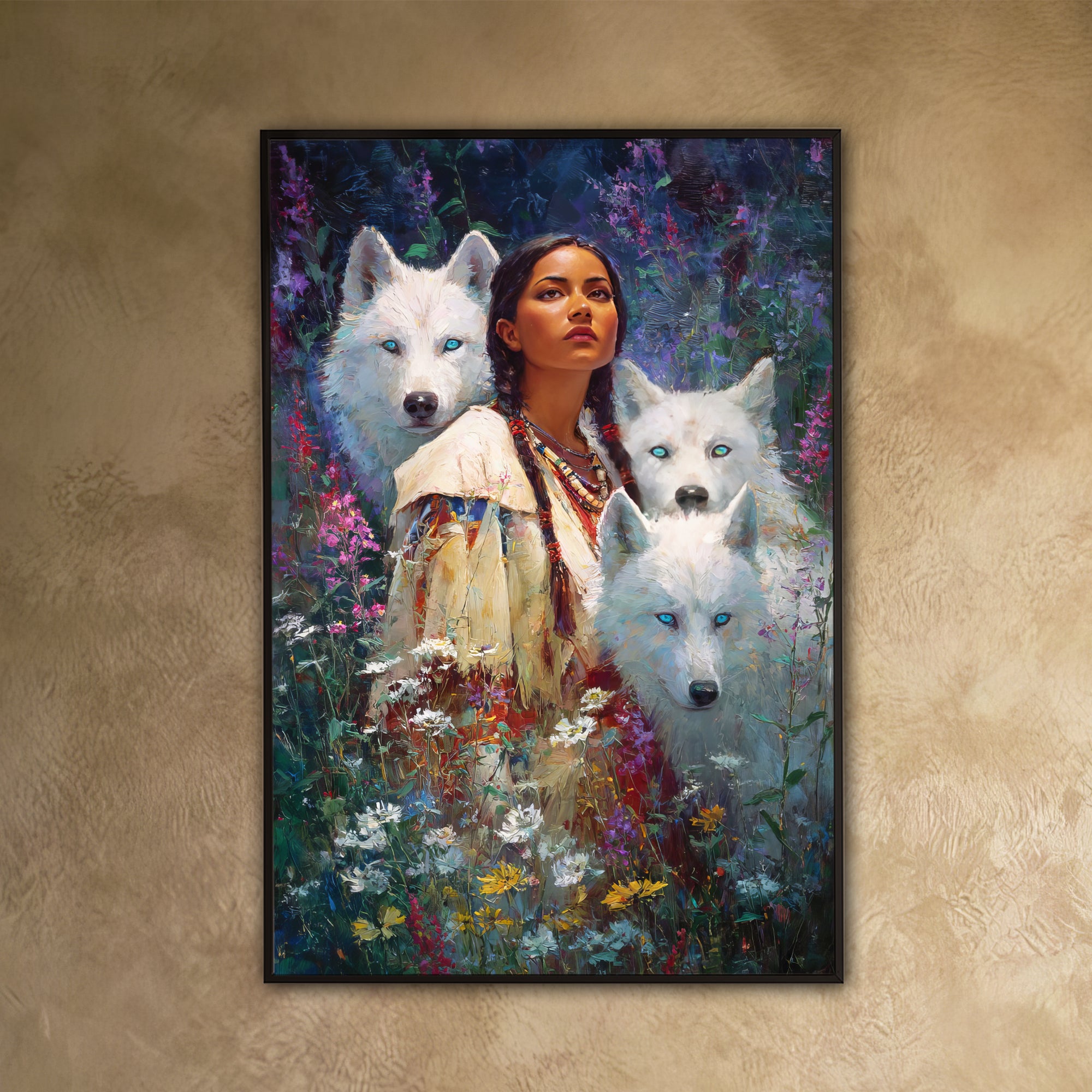 Spirit Of The White Wolves – Native American Woman & Sacred Wolf Guardians Art Poster/Canvas
