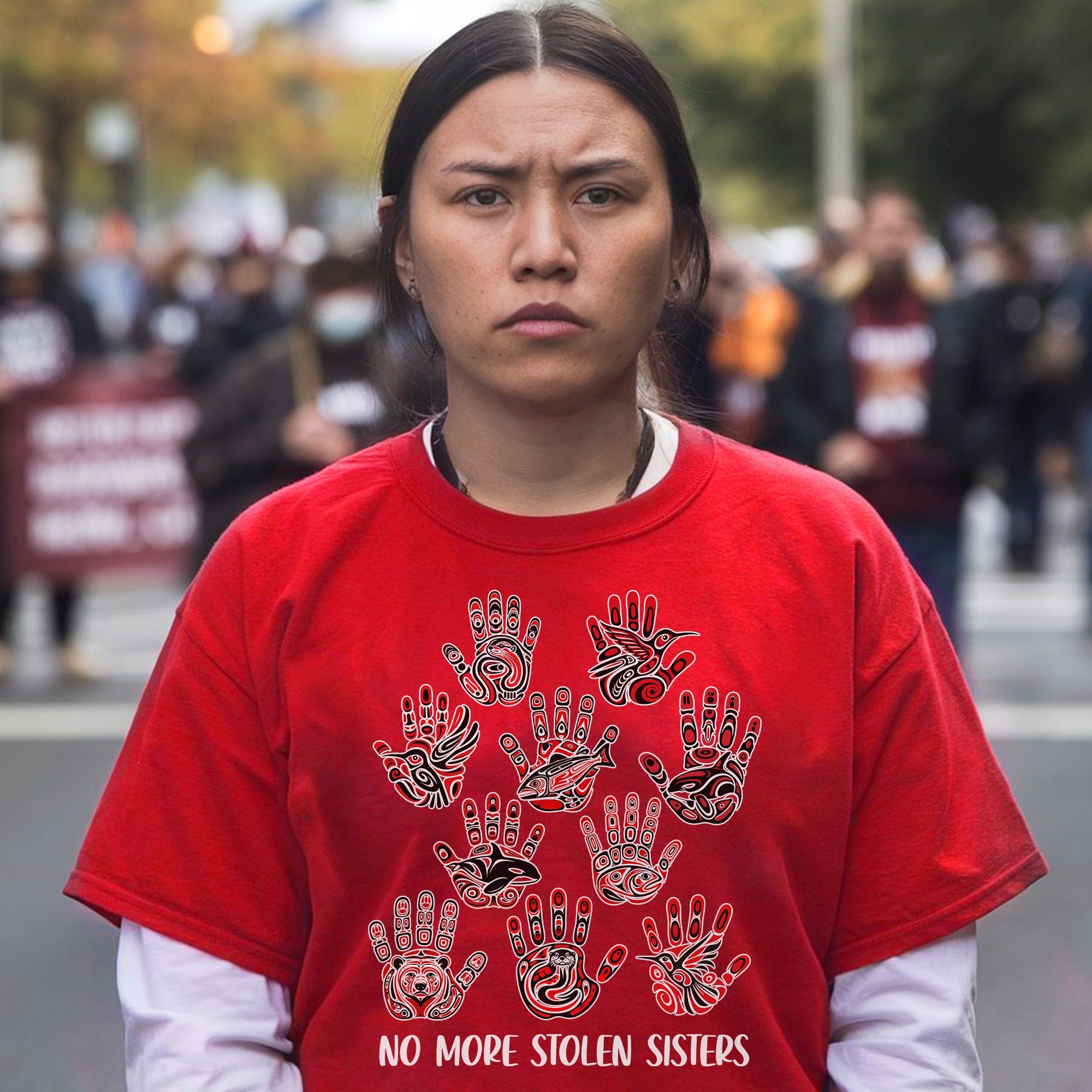No More Stolen Sisters - MMIW Awareness with Tribal Hand and Animal Design Unisex T-shirt/T-shirt V-Neck/Hoodie/Sweatshirt
