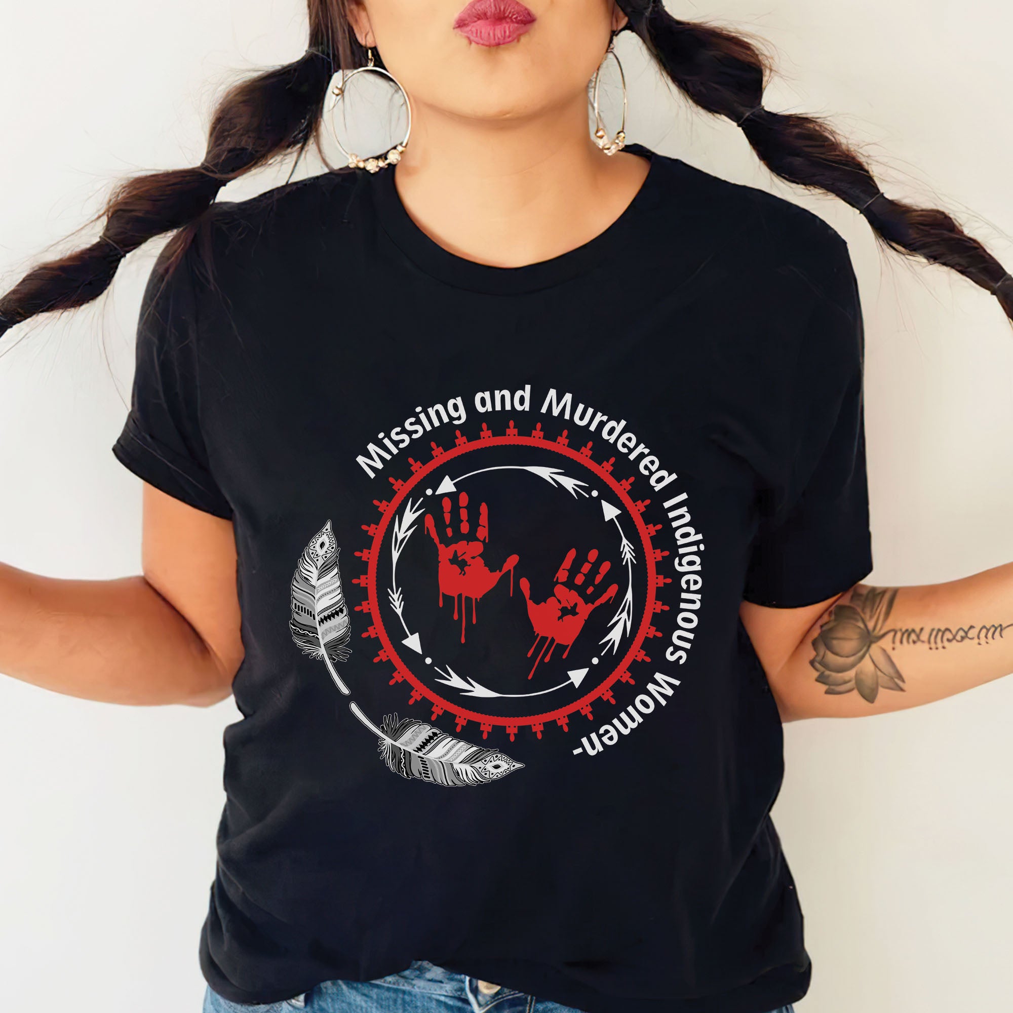 MMIW Awareness Honoring MMIW – Red Tee with Handprint & Sacred Feather Unisex T-shirt/T-shirt V-Neck/Hoodie/Sweatshirt